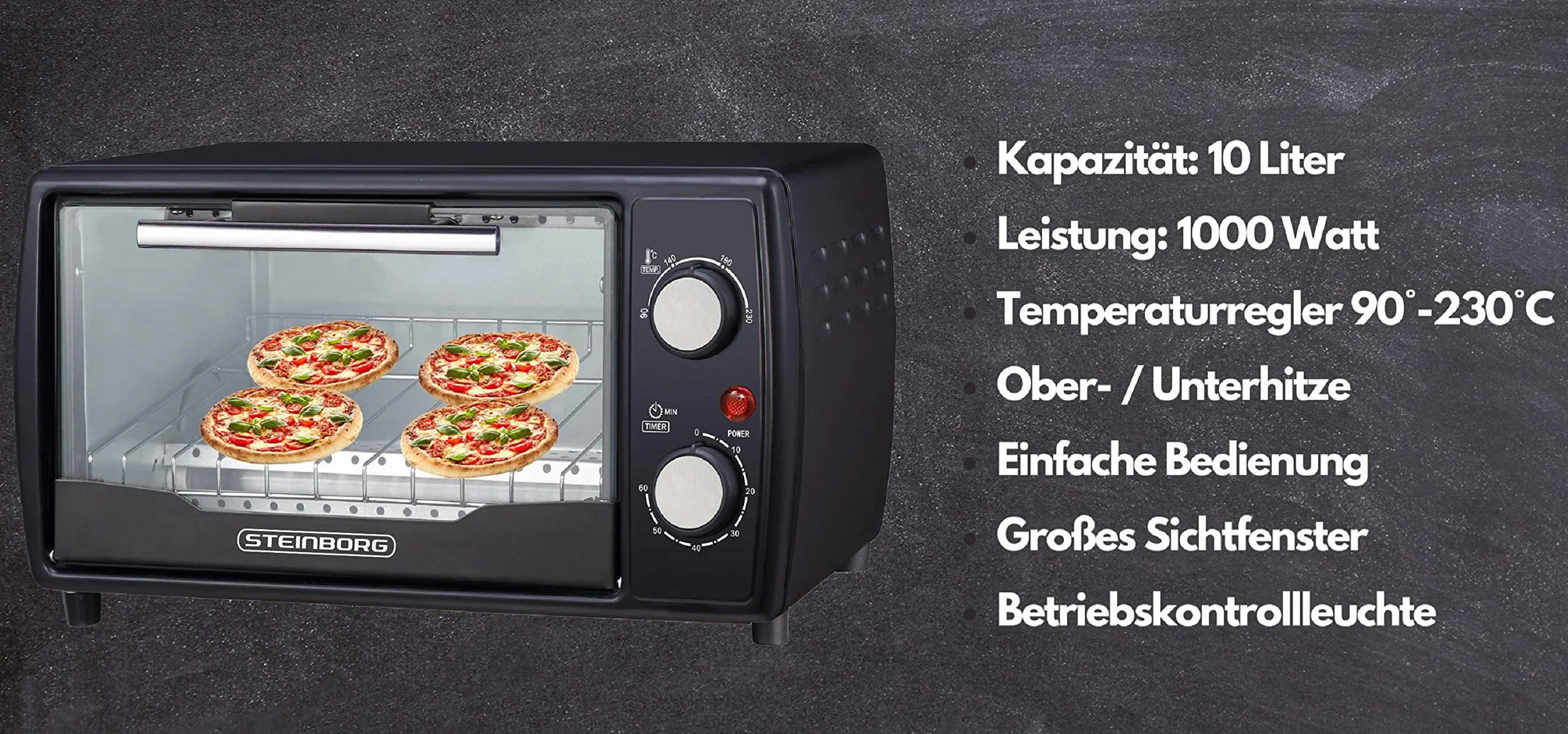Mini piekarnik 1000 W, 10 litrów, z blachą do pieczenia i rusztem do pieczenia pizzy 90-230°C, timer 60 minut, wysuwana taca na okruchy, instrukcja obsługi (może nie być dostępna w języku polskim)