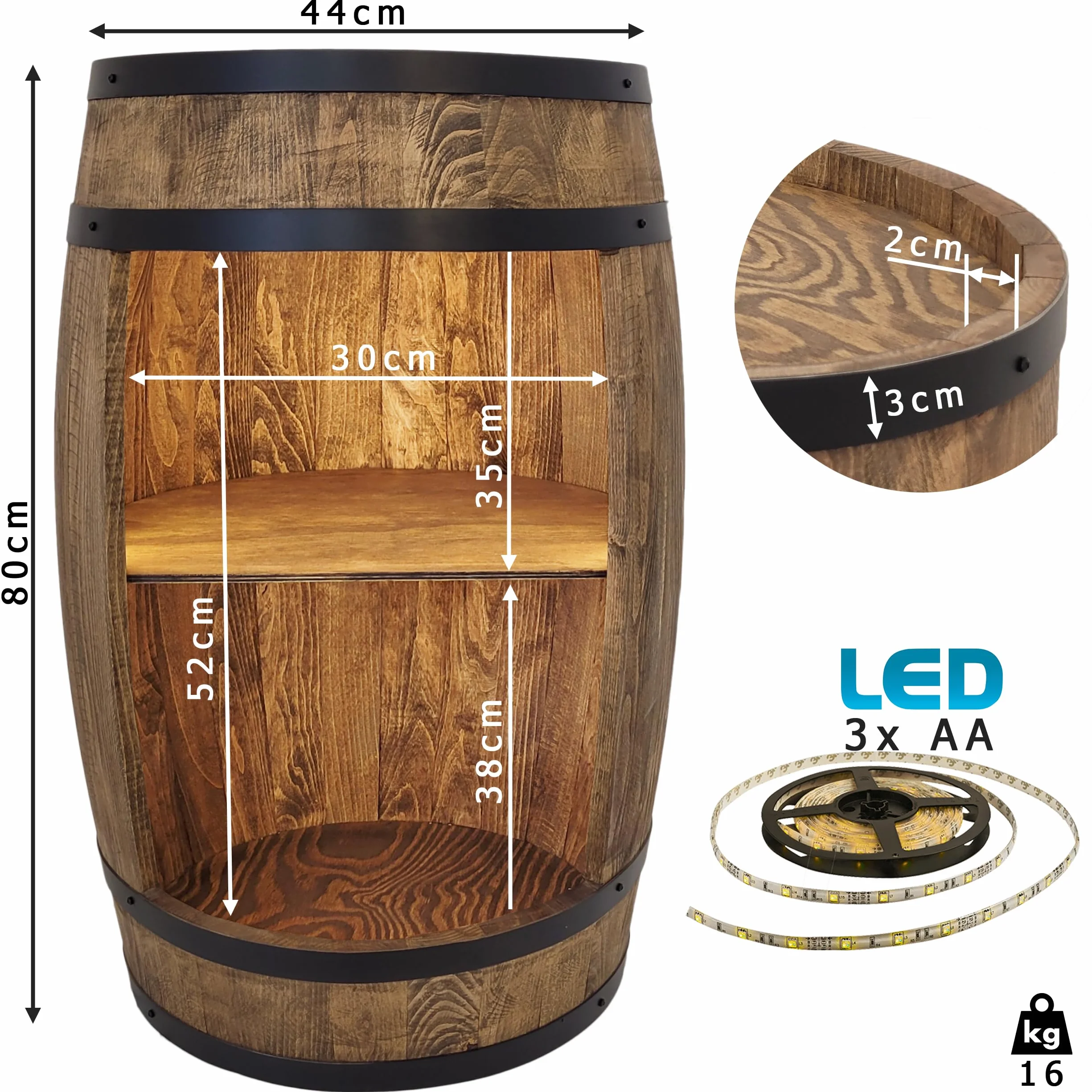 weeco szafka barowa LED Regał na wino, szafka na wino XL Beczka w stylu vintage, dekoracja do salonu Minibar na gin, whisky, piwo Beczka na wino stolik barowy Drewniana beczka na szklanki i butelki.