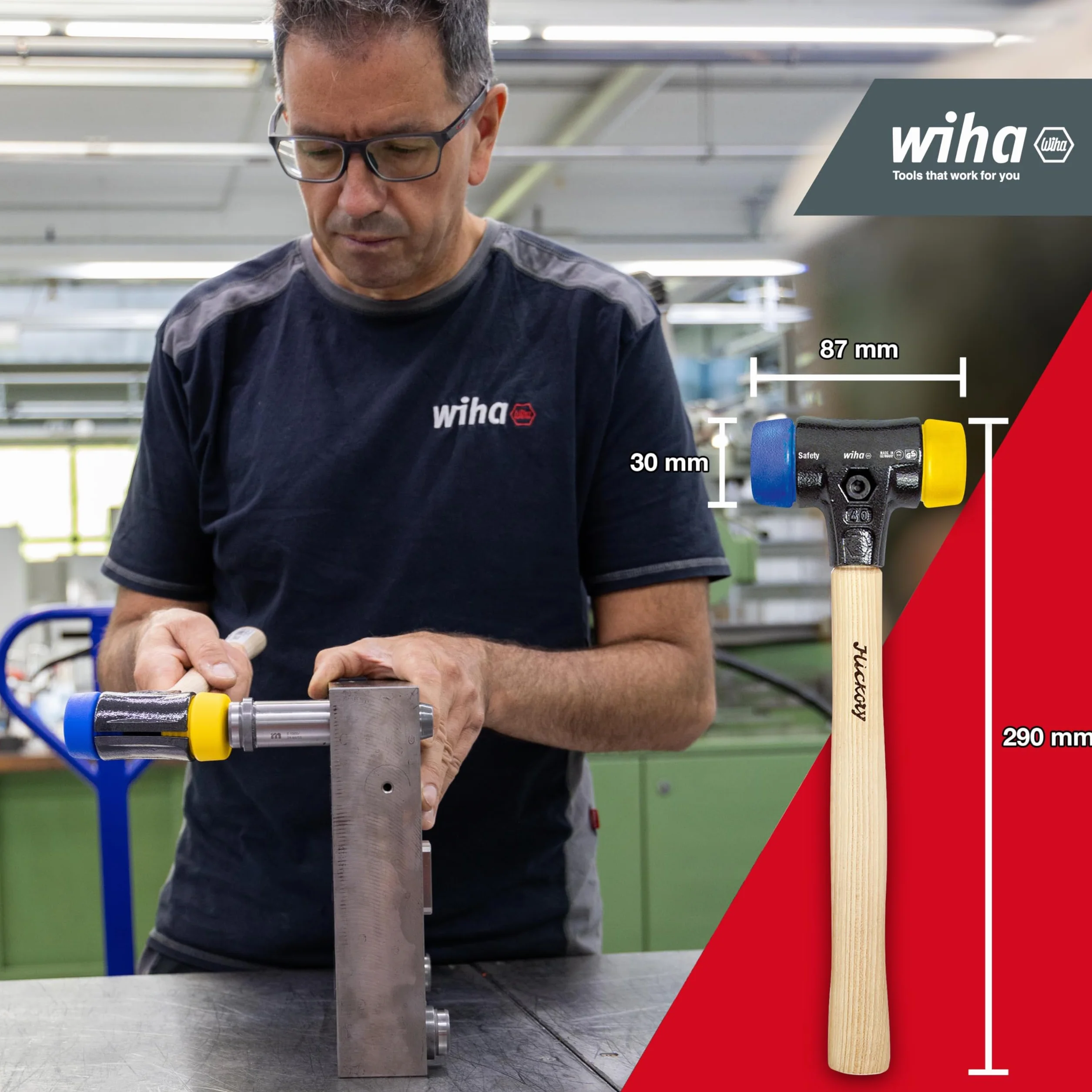 Wiha Młotek ochronny Safety miękki/średnio twardy z drewnianym trzonkiem hikory, okrągła głowica udarowa (26653) 30 mm