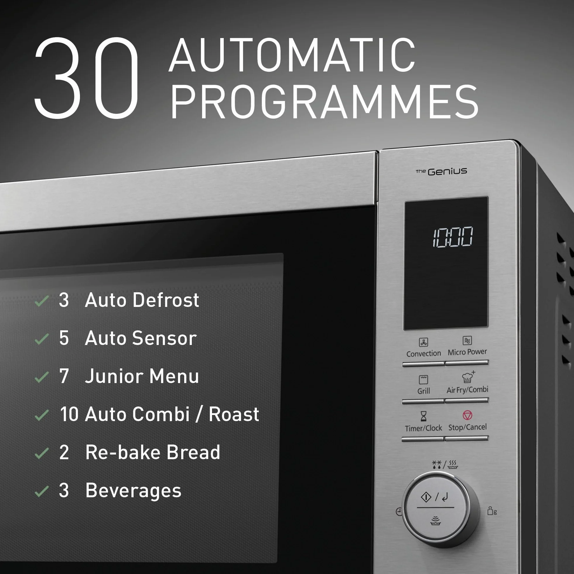 Panasonic NN-CD88QSEPG 34L Air Fryer kuchenka mikrofalowa kombi z grillem kwarcowym, 1000 W, automatyczne rozmrażanie, czujnik Genius, stal nierdzewna, srebrna