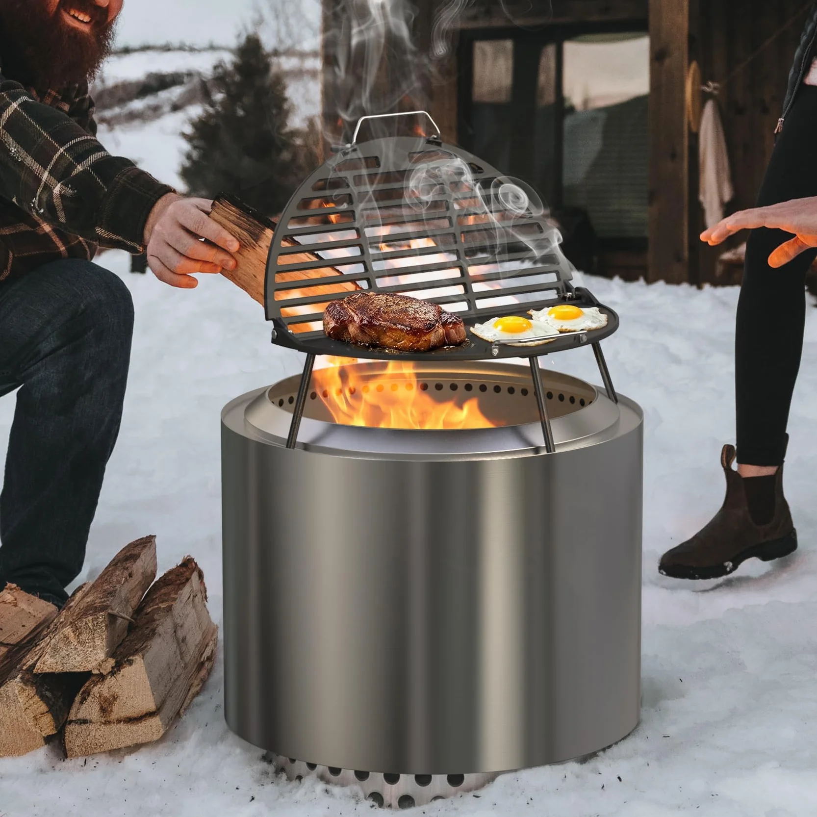 Onlyfire Żeliwna płyta grillowa Solo, bezdymny Bonfire, 49,5 cm, składany grill i płyta grillowa 2 w 1 z kubkiem tłuszczu do grilla na podwórku i na świeżym powietrzu