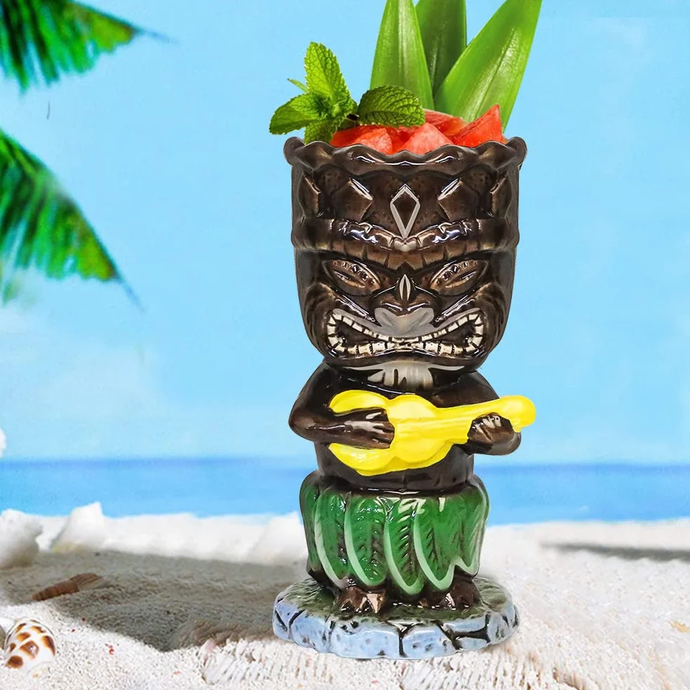 Kubki tiki na koktajle, zestaw 4 dużych ceramicznych tropikalnych kubków, hawajskie, kreatywne, do baru, premium, egzotyczne