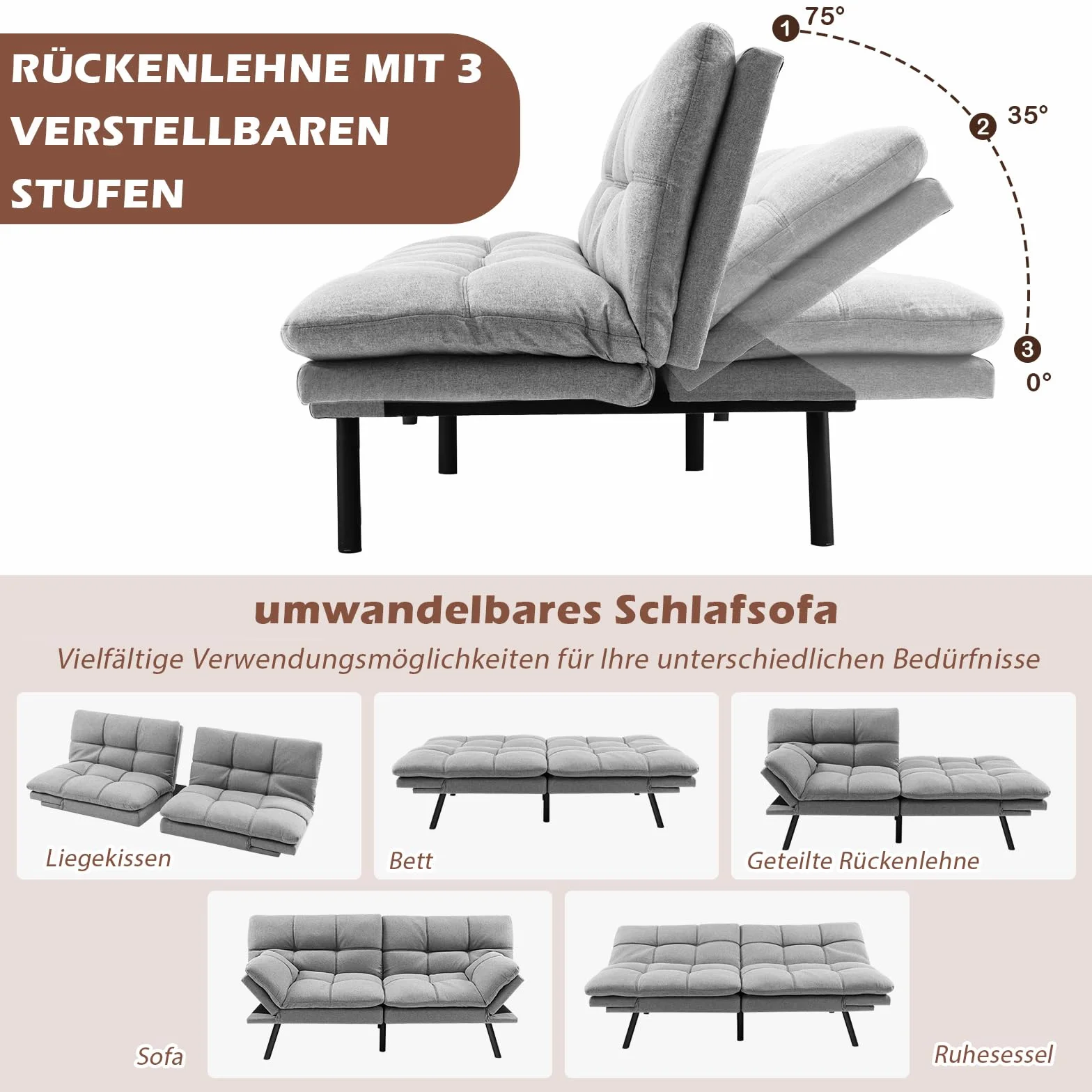 COSTWAY Składana sofa z funkcją spania, rozkładana sofa do spania z regulowanym oparciem, duża powierzchnia do leżenia 182 x 106,5 cm, do salonu, TH32548SDDE