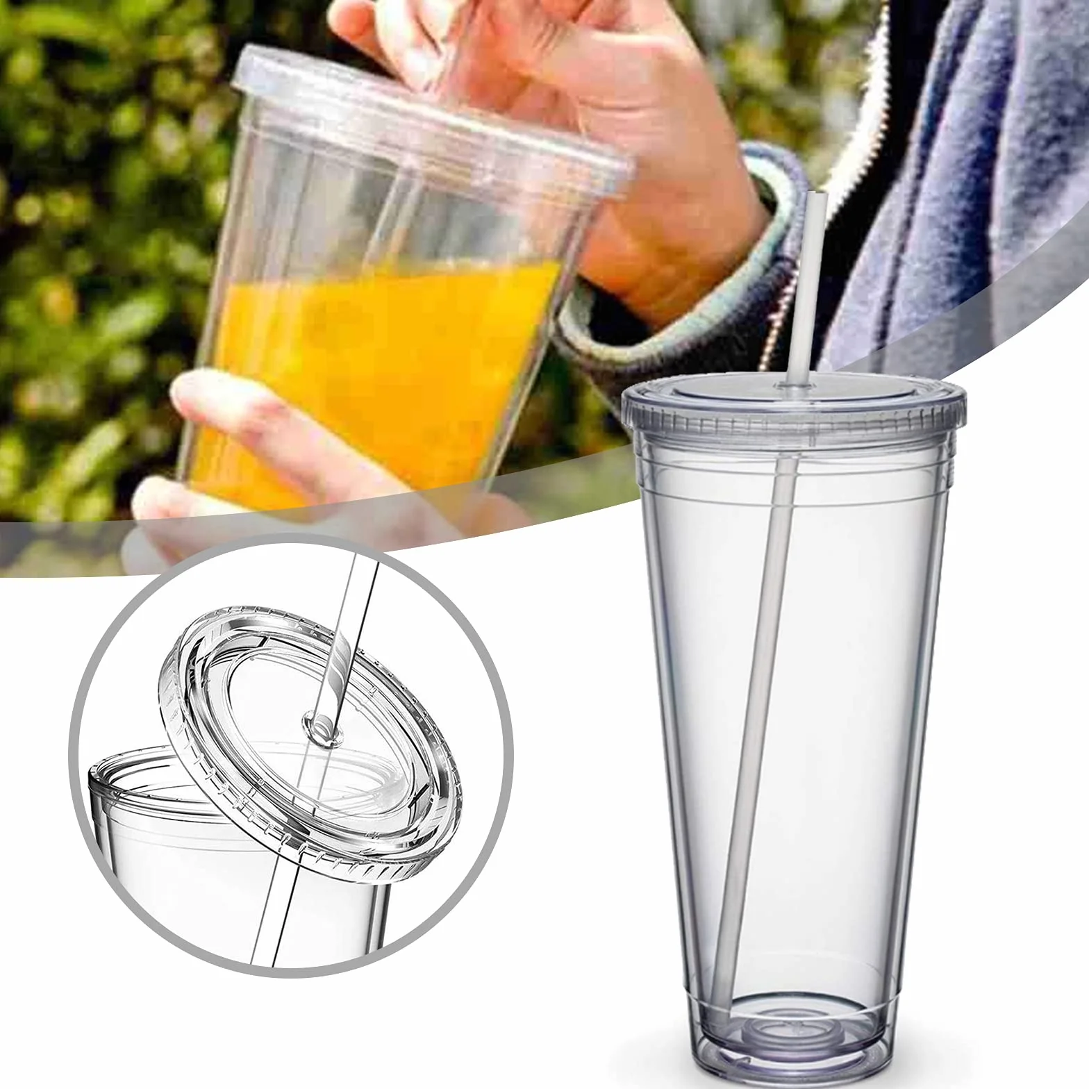 Plastikowy kubek podróżny ze słomką, dwuwarstwowy kubek z tworzywa sztucznego, szczelny kubek na sok owocowy, smoothie, kawę, kawę mrożoną (650 ml)