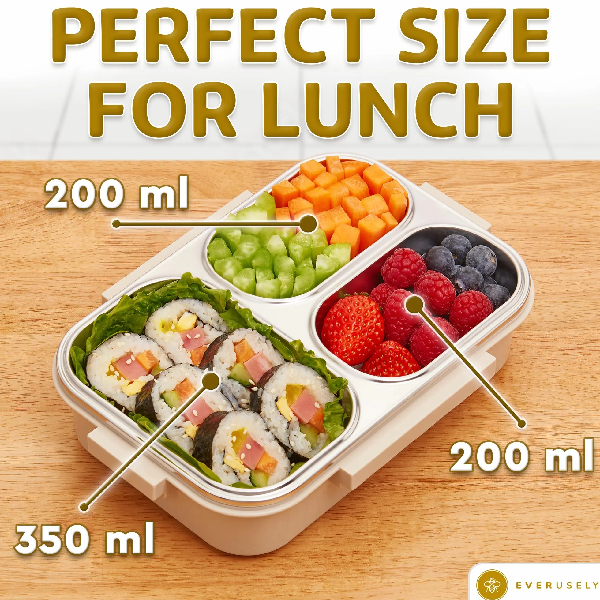 Stainless Steel Bento Lunchbox - 750 mL - Leakproof Metal Lunch Box with 3 Compartments - Premium Sectional Snack Container with Clear Lid - by Everusely