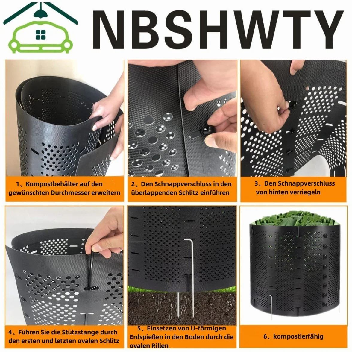 Kompostownik ogrodowy 800 l, szybki kompostownik z możliwością rozbudowy, w kolorze czarnym, materiał HDPE, 4 drążki podporowe do zrównoważonego recyklingu odpadów ogrodowych