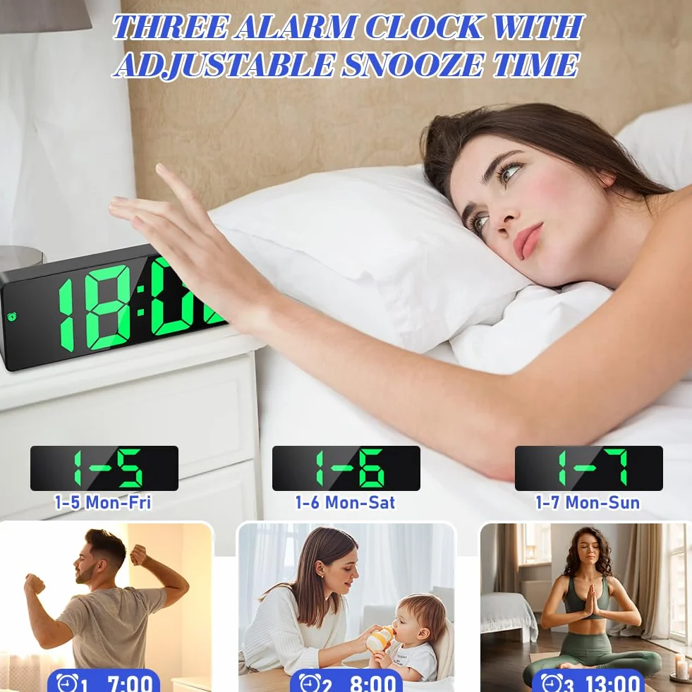 flintronic Cyfrowy budzik, cyfrowy budzik LED z dużymi cyframi, zegar stołowy z wyświetlaczem temperatury i alarmami, cyfrowy zegar zasilany przez USB, budzik nocny z funkcją drzemki/regulowanym