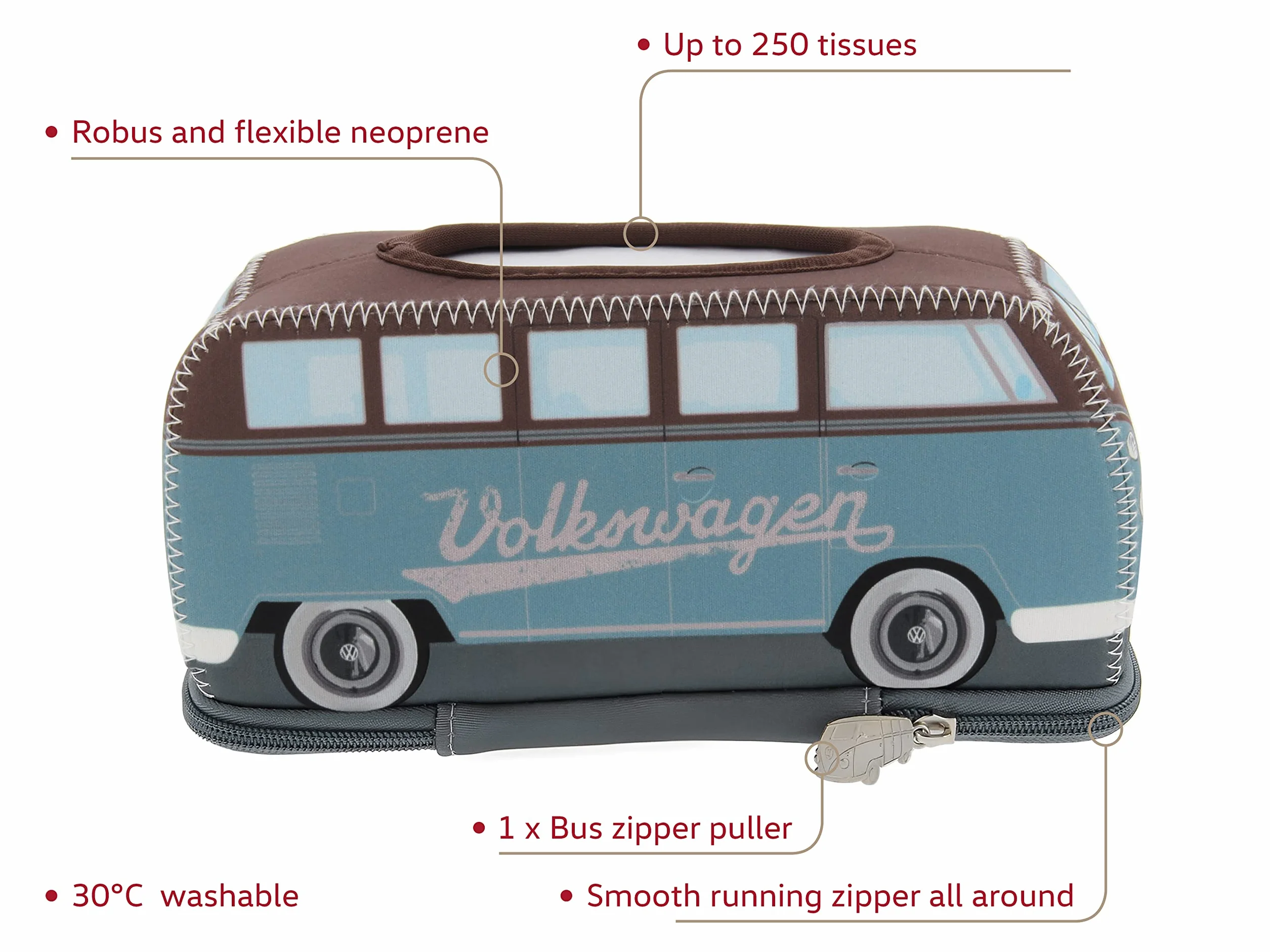 BRISA VW Collection – Volkswagen neoprenowy dozownik serwetek, papierowych chusteczek higienicznych, pudełko na chusteczki higieniczne do łazienki, w stylu T1 Bulli Bus (petrol/brązowy)