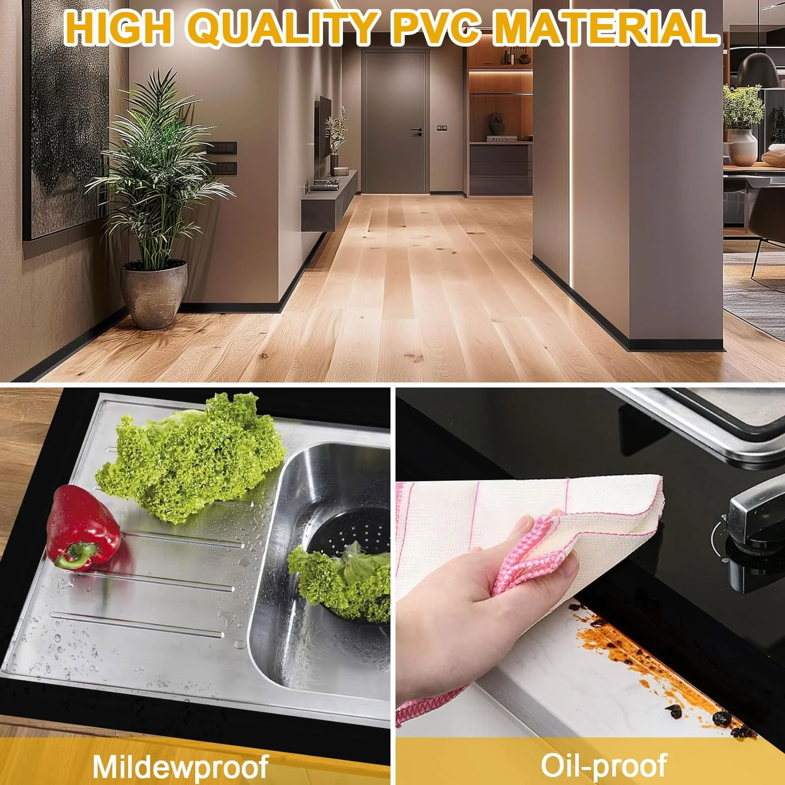 Listwa przypodłogowa, 60 mm x 20 mm x 10 m elastyczna listwa przypodłogowa z PCW, wodoodporna, odporna na zabrudzenia i pleśń, odpowiednia do łazienki i kuchni (czarna)