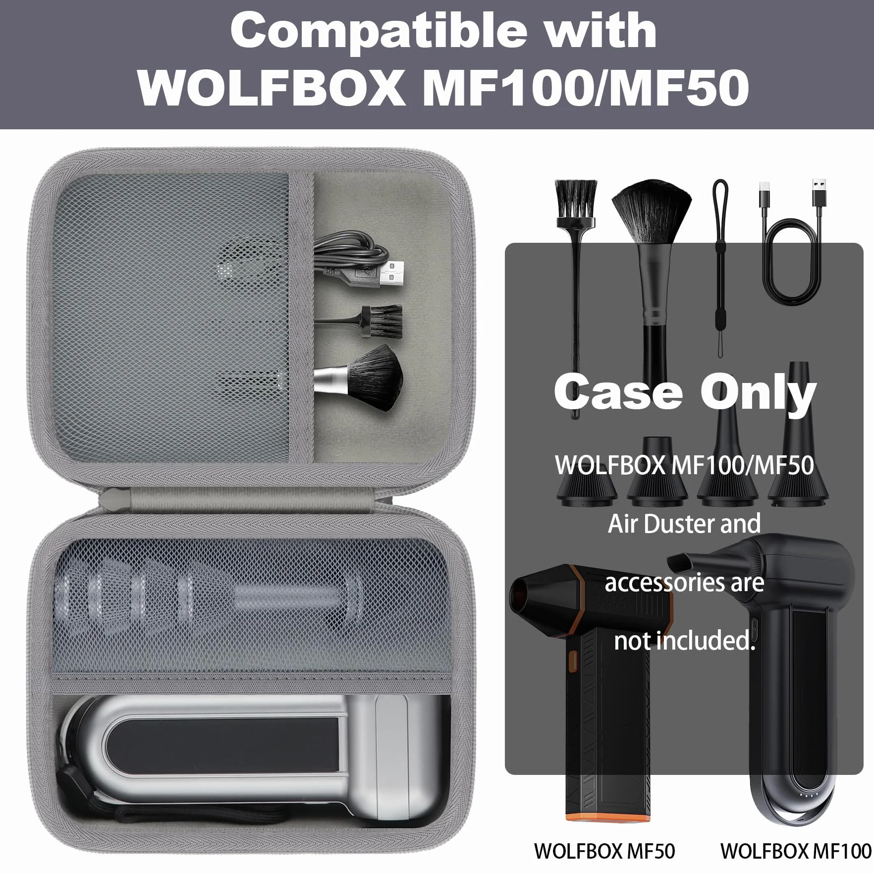 Khanka Do WOLFBOX MF100 MF50 Elektryczny Odkurzacz Powietrza i Dmuchawa Powietrza Twarde etui, torba z kieszenią z siatki na akcesoria WOLFBOX MF100 MF50, pojedyncze etui, Szary, Klasyczny