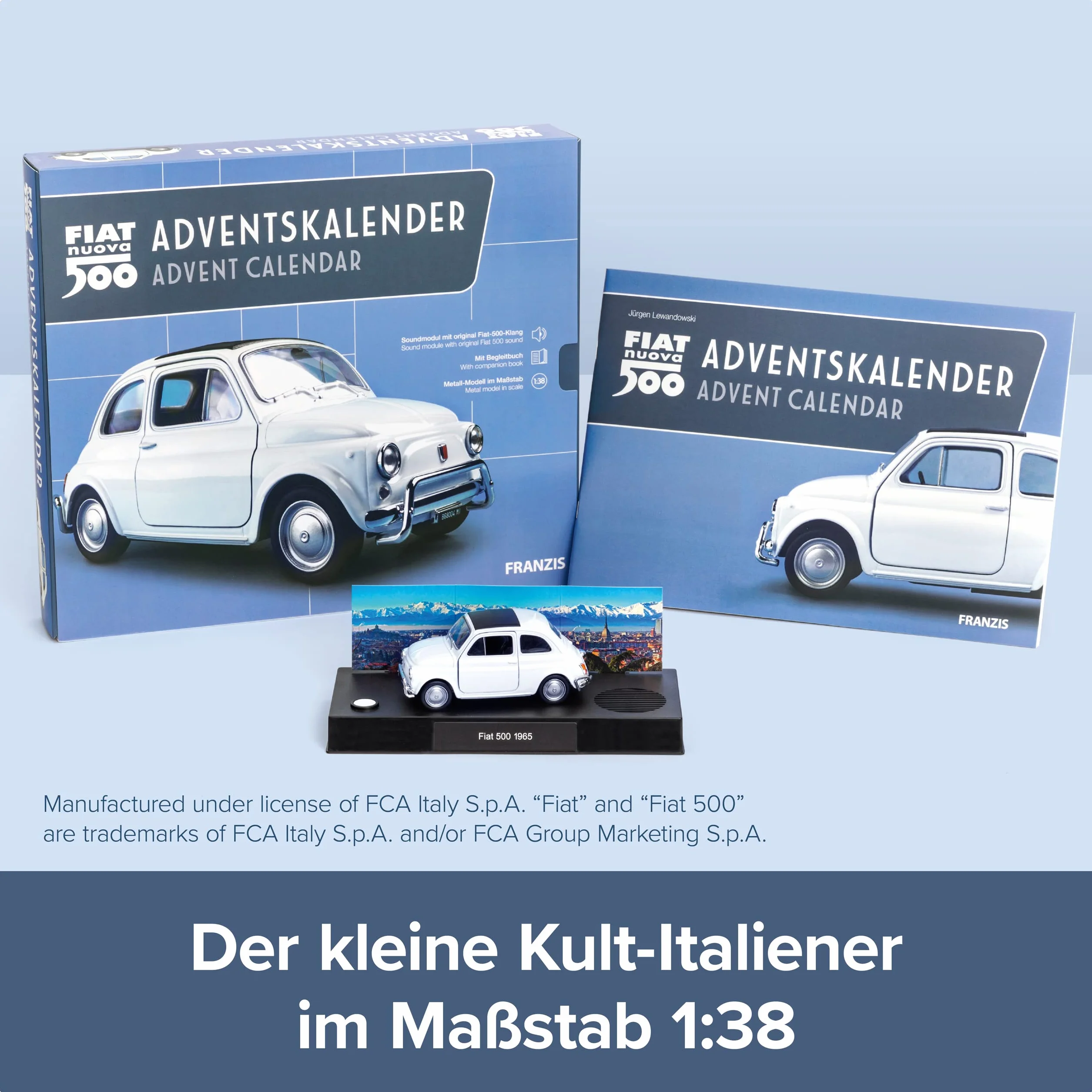 Franzis 67168 Kalendarz adwentowy Fiata 500, metalowy model w skali 1:38, zawiera moduł dźwiękowy i 52-stronicową książkę z dodatkami