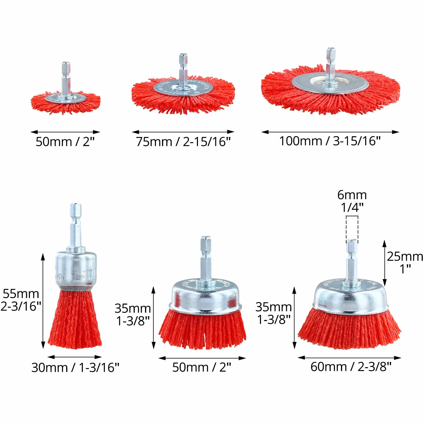 QWORK® 6 sztuk nylonowej szczotki, nylonowa szczotka tarczowa z trzonkiem 1/4" (6,35 mm), do szlifowania, czyszczenia i zwalczania