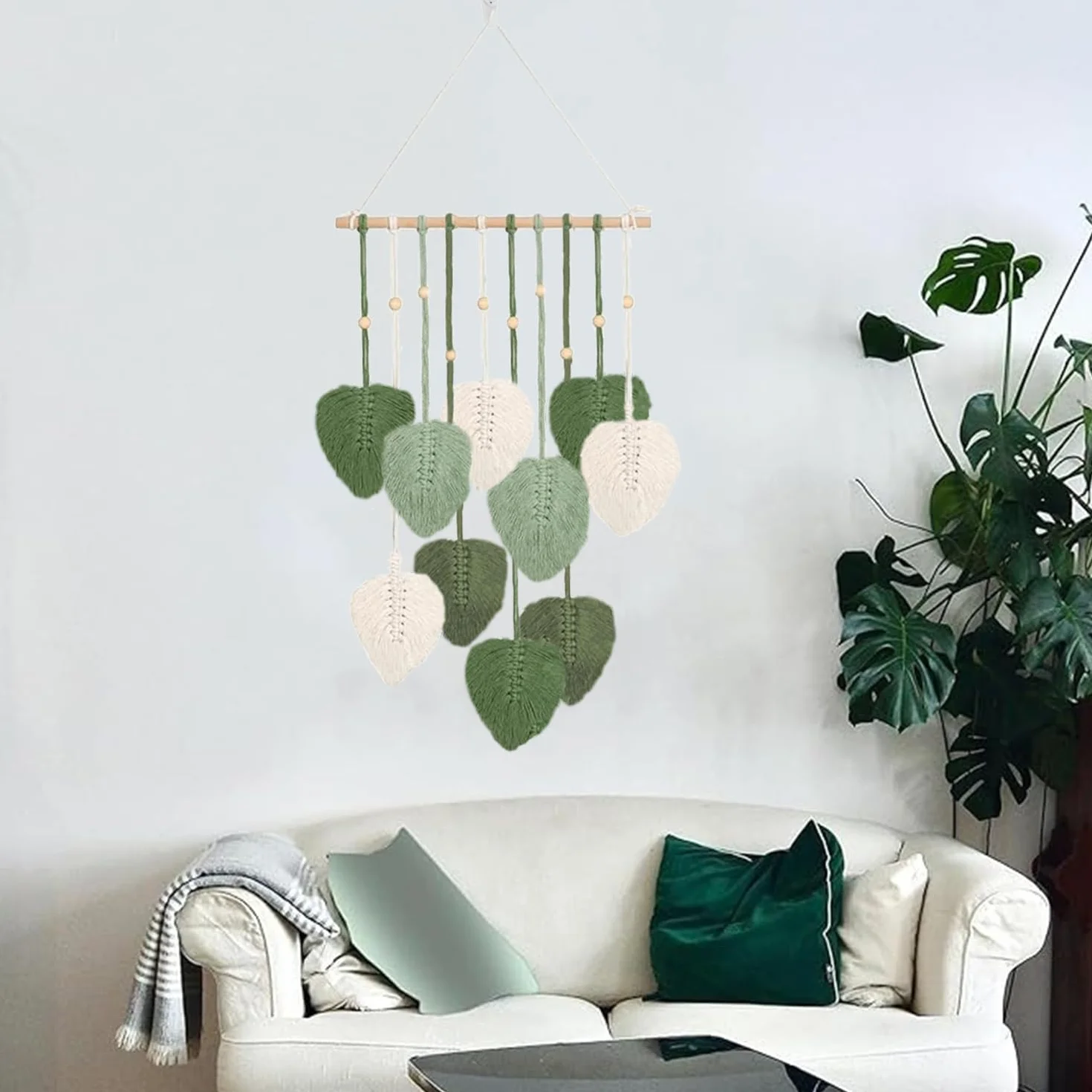 Makrama wiszące liście makrama ścienna boho liść tkany gobelin zielony liść frędzle gobelin boho makrama liść dekoracja ścienna do salonu sypialni pokoju dziecięcego mieszkania