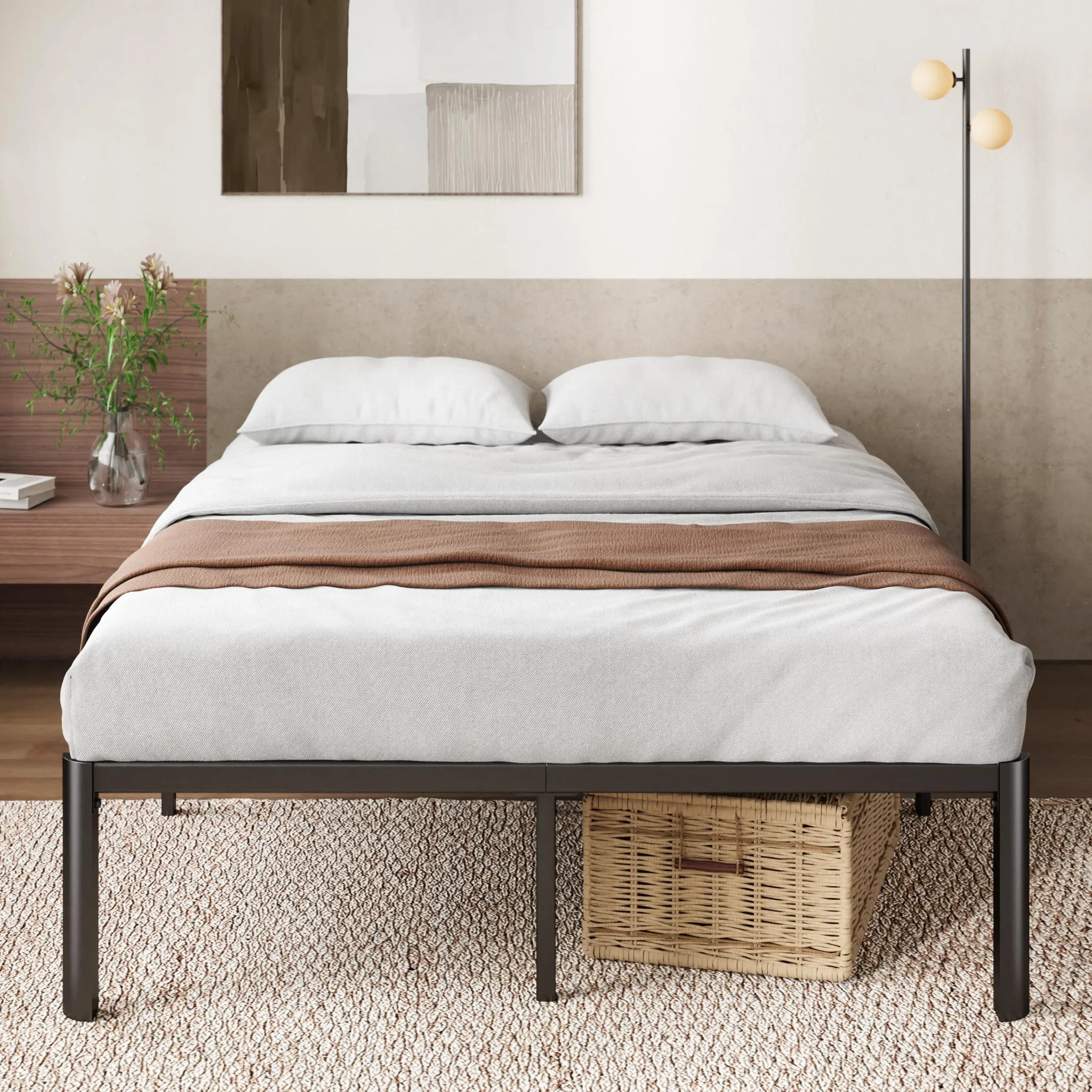 Zinus Van łóżko 140 x 190 cm, wysokość ramy łóżka 41 cm z miejscem do przechowywania pod łóżkiem, metalowa rama łóżka na platformie - czarne