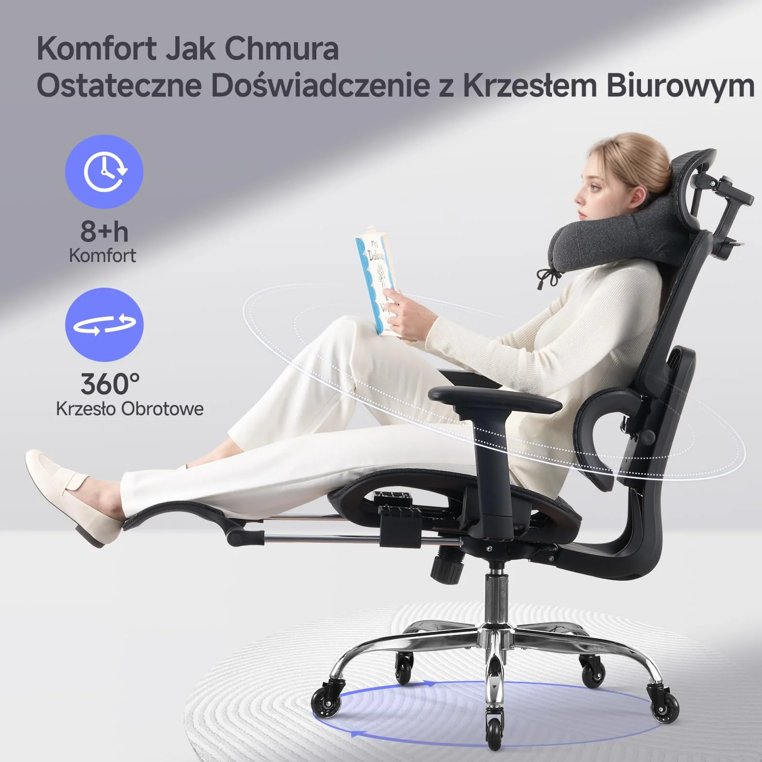 LarkLeaves Ergonomiczne Krzesło Biurowe z Podnóżkiem, 5-Stopniowe Regulowane Oparcie, 2D Podparcie Lędźwiowe, 3D Podłokietniki, Siatka z Poduszką na Szyję i Gumowe Kółka, Odchylenie 145°, Czarne