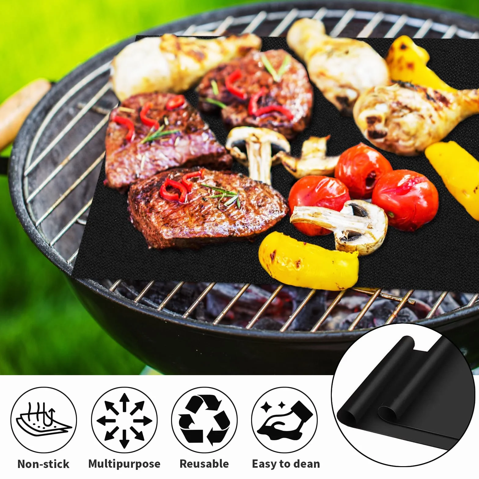 Zestaw 5 mat grillowych BBQ do grilli gazowych 60 x 40 cm, nieprzywierająca płyta grillowa wykonana z teflonu, papier do pieczenia wielokrotnego użytku z pędzelkiem i klipsem