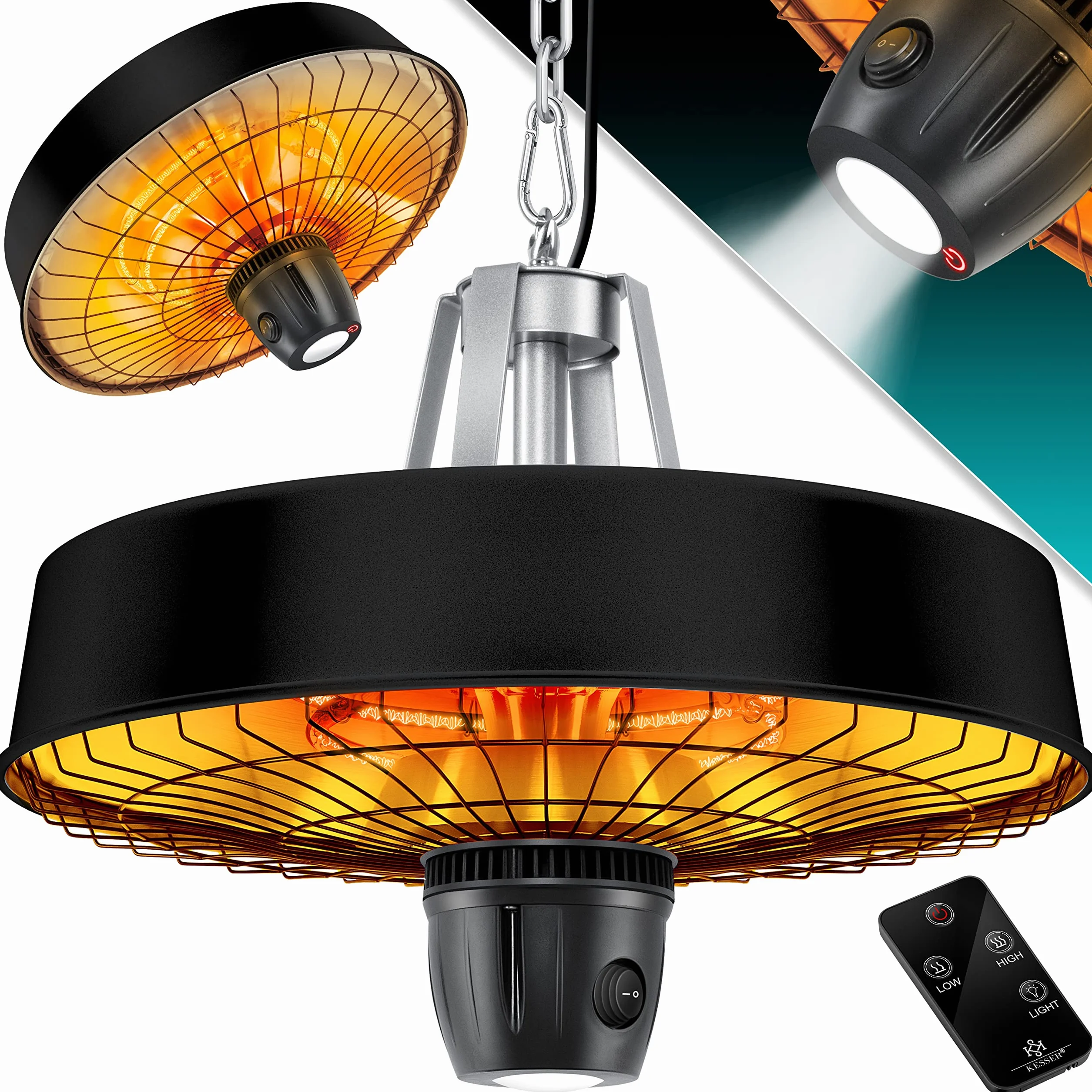 KESSER® Grzejnik sufitowy na podczerwień, 2500 W, promiennik tarasowy, z pilotem zdalnego sterowania, kwarcowy, światło LED, sufit, z łańcuszkiem i karabińczykiem, element grzejny z włókna węglowego