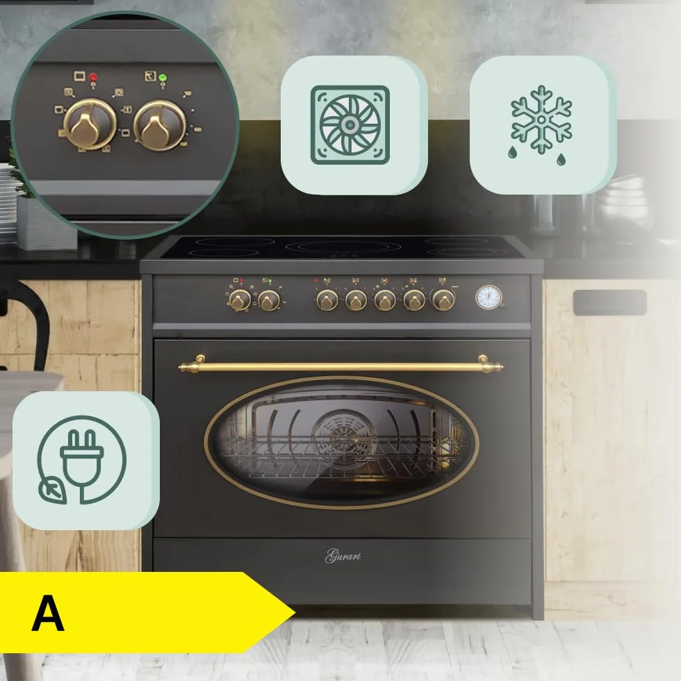 GURARI Elektryczna kuchenka stojąca 90 cm GCH E 912 BL Retro ceramiczna Czarna 121 L Wolnostojąca