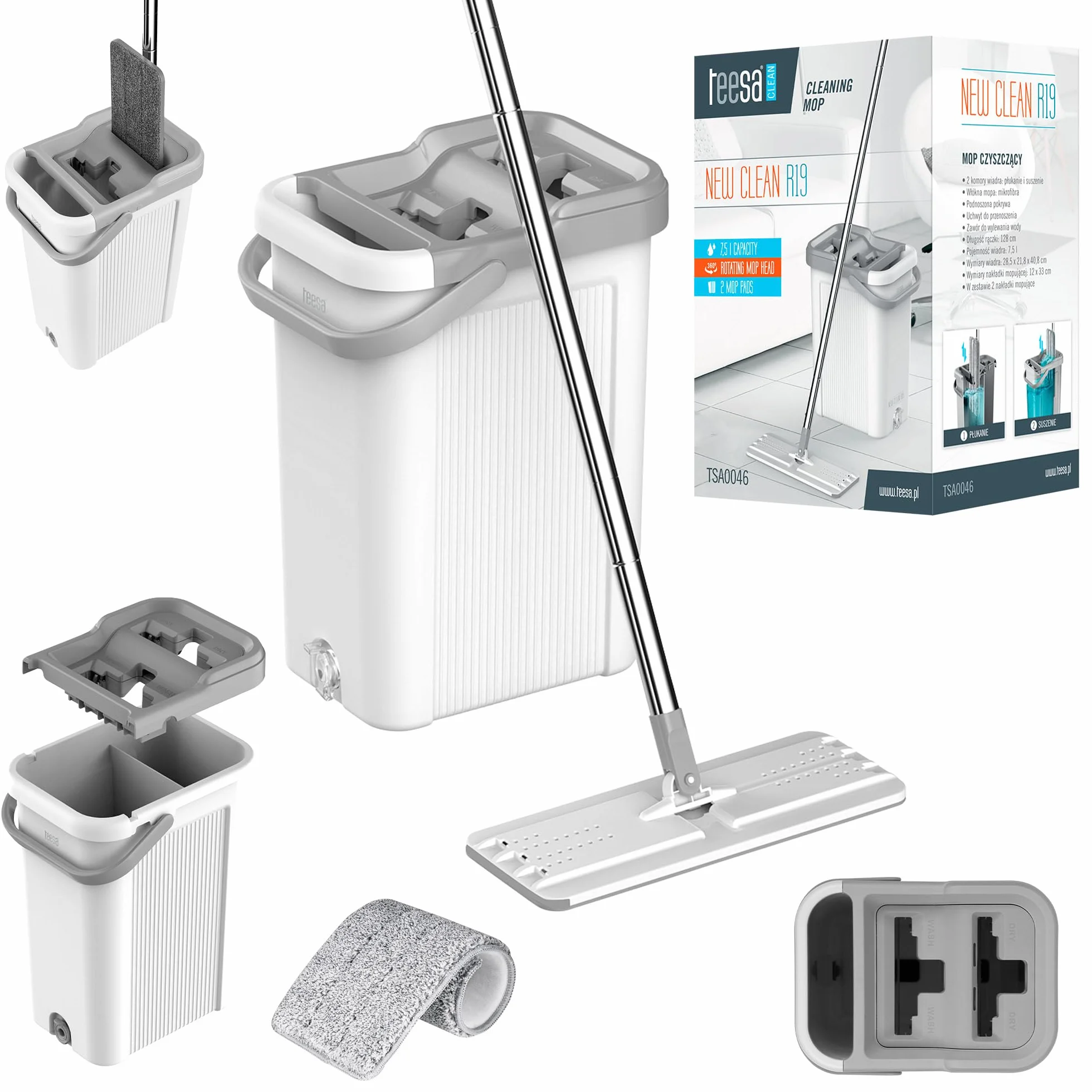Teesa Mop Czyszczący New Clean R19 Płaski Dwukomorowe Wiadro 7,5 L Szary TSA0046