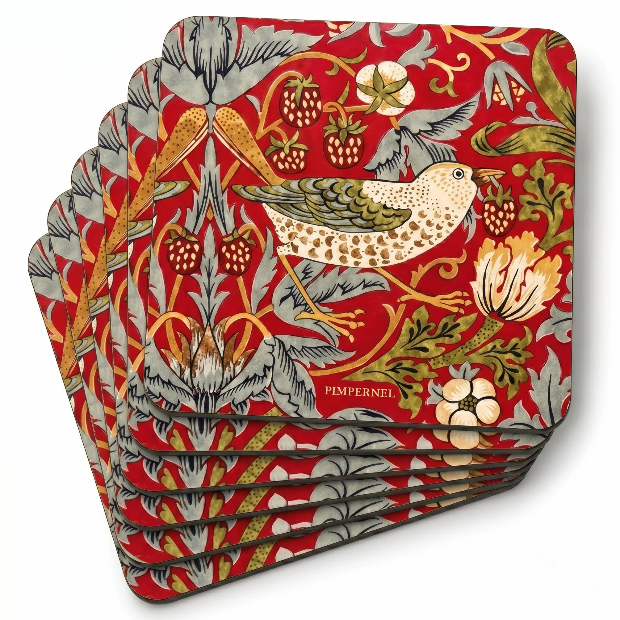 Portmeirion Pimpernel Strawberry Thief czerwone podstawki zestaw 6 sztuk 10,5 x 10,5 x 0,58 cm