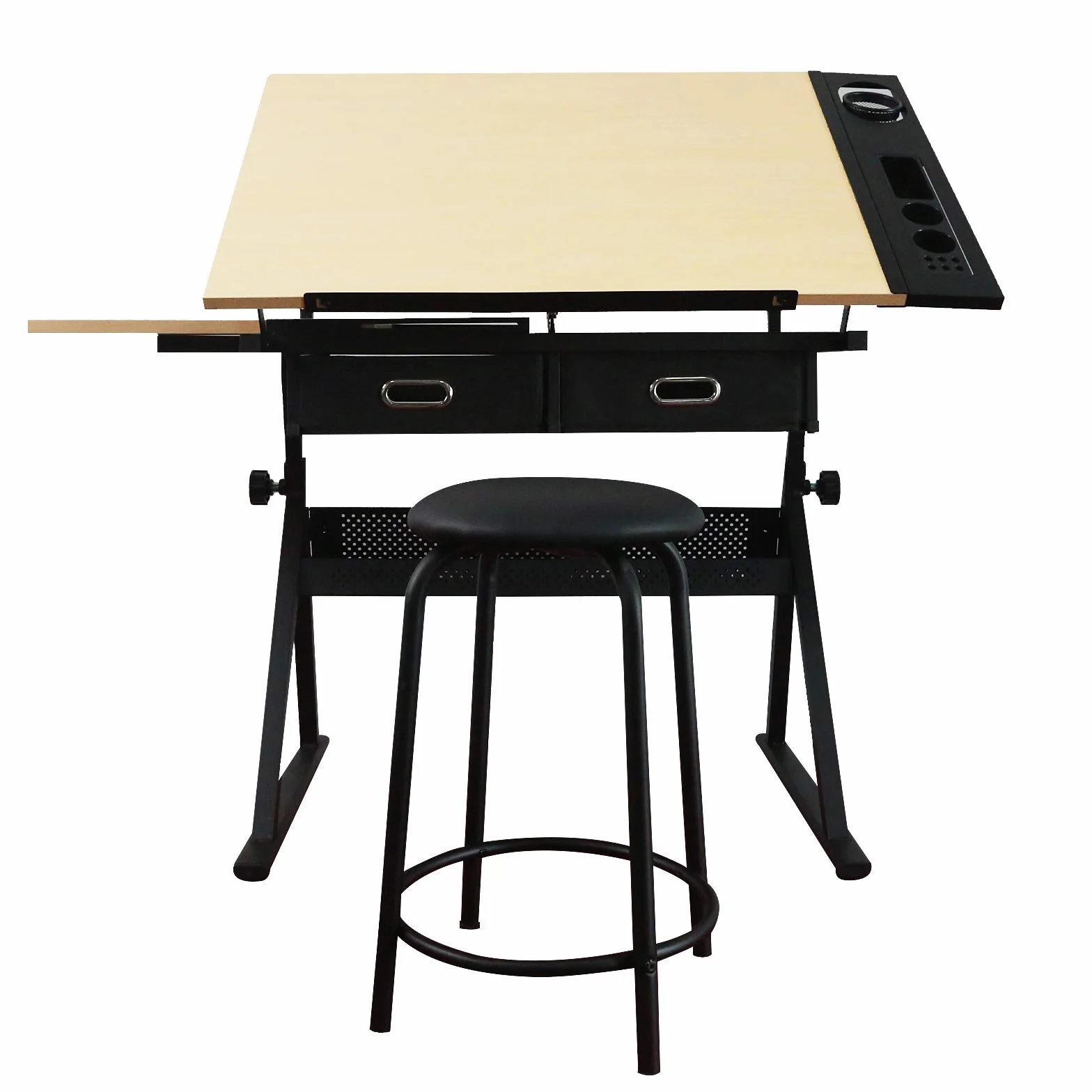 MIADOMODO® Stół do rysowania – uchylny, 115x60 cm, regulowana wysokość, MDF, stołek, 2 szuflady – stół kreślarski, artystyczny, techniczny
