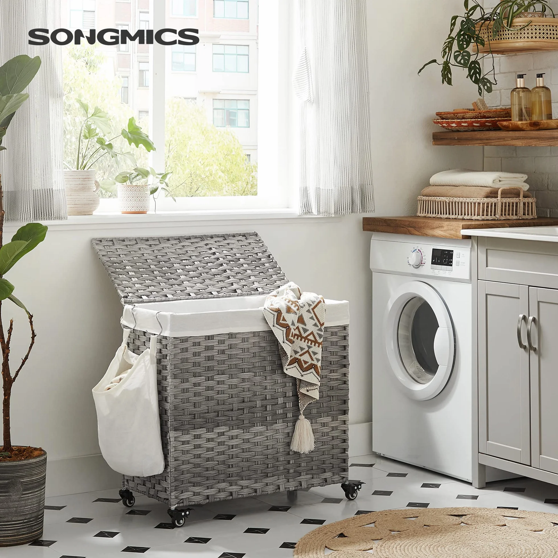 SONGMICS Kosz na bieliznę z pokrywką, 140 l, pleciony kosz na brudną bieliznę, z kółkami, 3 przegródki, zdejmowana torba wewnętrzna, do pralni, sypialni, 66 x 33 x 66 cm, szary LCB363G01