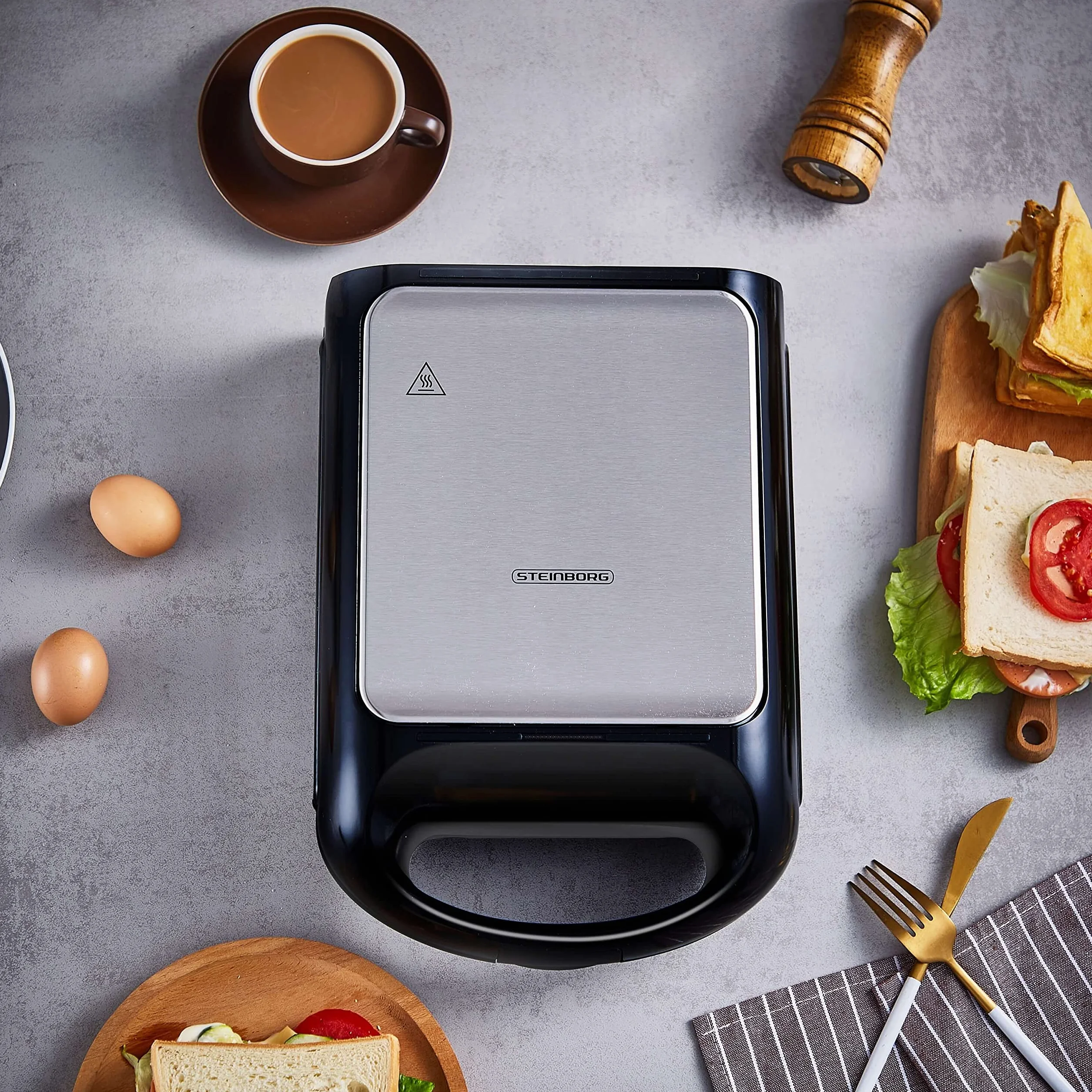 Steinborg 3 w 1 Opiekacz do Kanapek XXL | 3 Wymienne Płyty | 1200 W | Grill Kontaktowy Wielofunkcyjny | Gofrownica | Elektryczny 4-Częściowy, Srebrny/Czarny