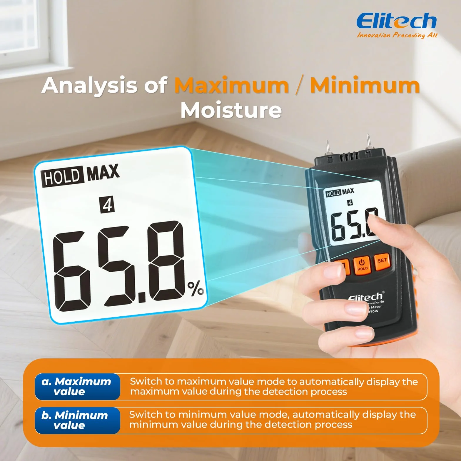 Elitech Cyfrowy miernik wilgotności drewna, 4 rodzaje drewna, ±2% dokładność, sondy 9,8 mm, miernik wilgotności do drewna/papieru/bambusu/ziół, automatyczna kalibracja