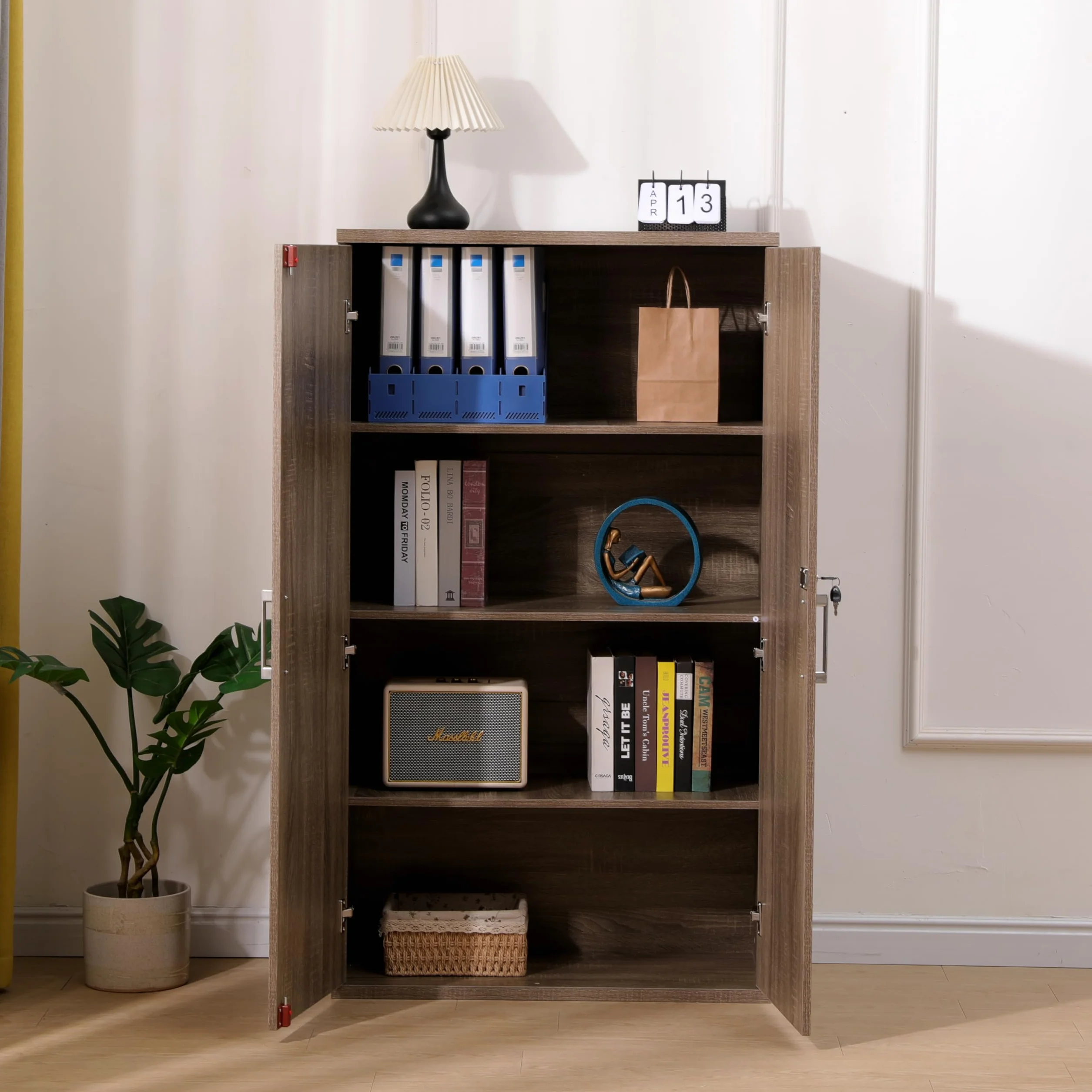 MMT Furniture Designs Ltd Dąb 2-drzwiowa zamykana szafka do przechowywania, 140 cm wysokości, organizer na narzędzia garażowe, biurowa szafka na dokumenty, z 3 półkami, ciemny dąb