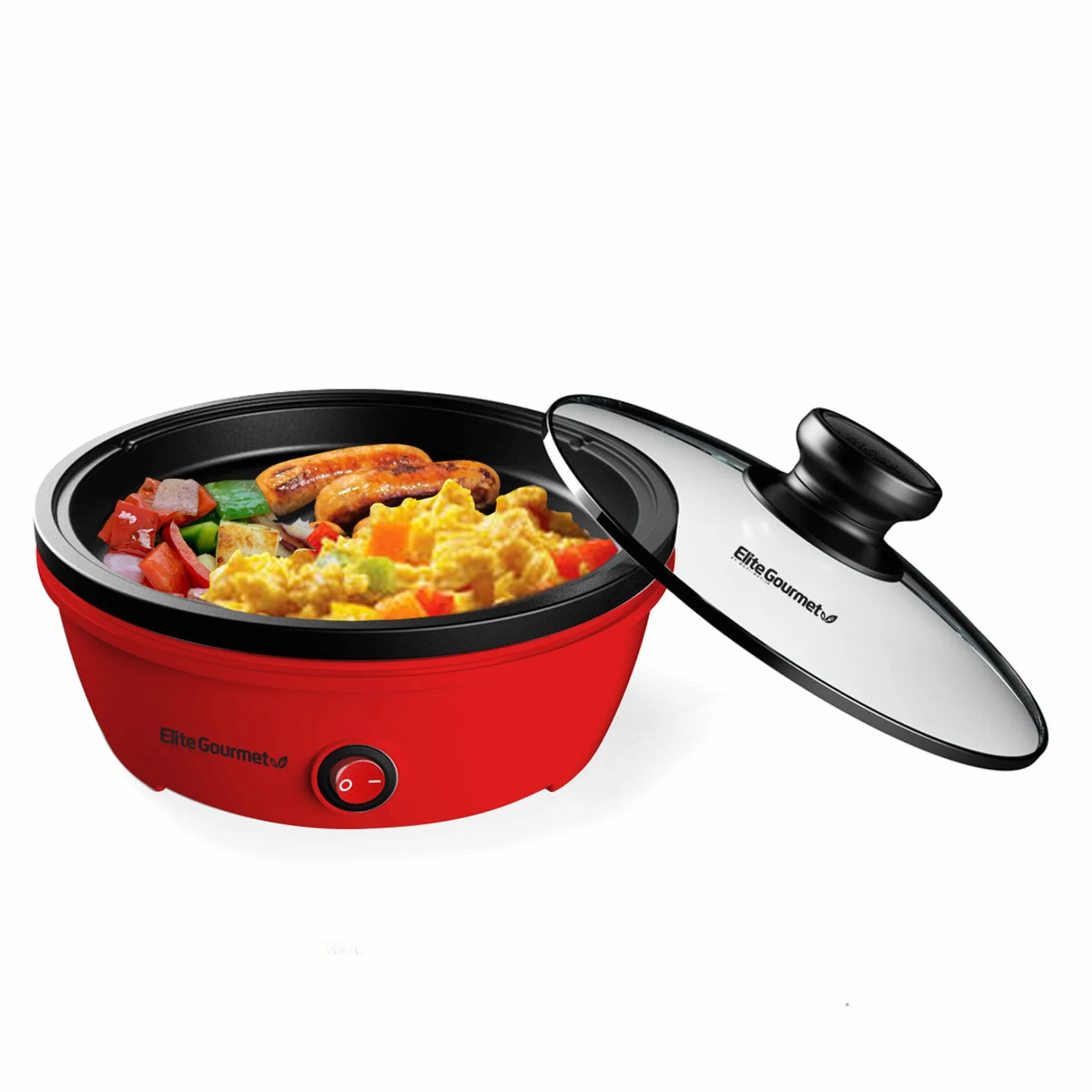 Elite Gourmet EGL-6101 osobista patelnia, elektryczna, szybkie nagrzewanie, 650 W, powłoka zapobiegająca przywieraniu, z pokrywką z hartowanego szkła, czerwona