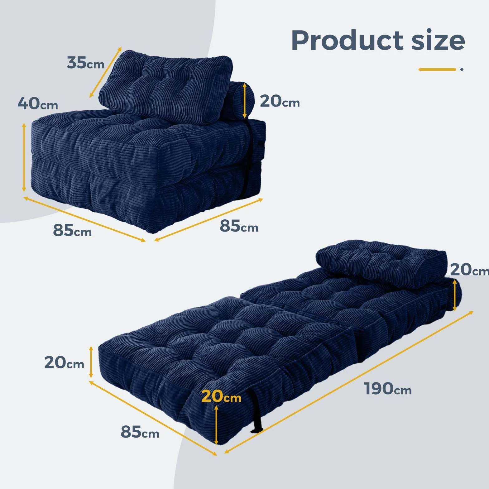 MAXYOYO Składana sofa do spania, przekształcany fotel do spania z poduszką, materac z podparciem oparcia, przenośne krzesło-łóżko, wygodna sofa podłogowa-lounge do salonu, sypialni, kolor granatowy
