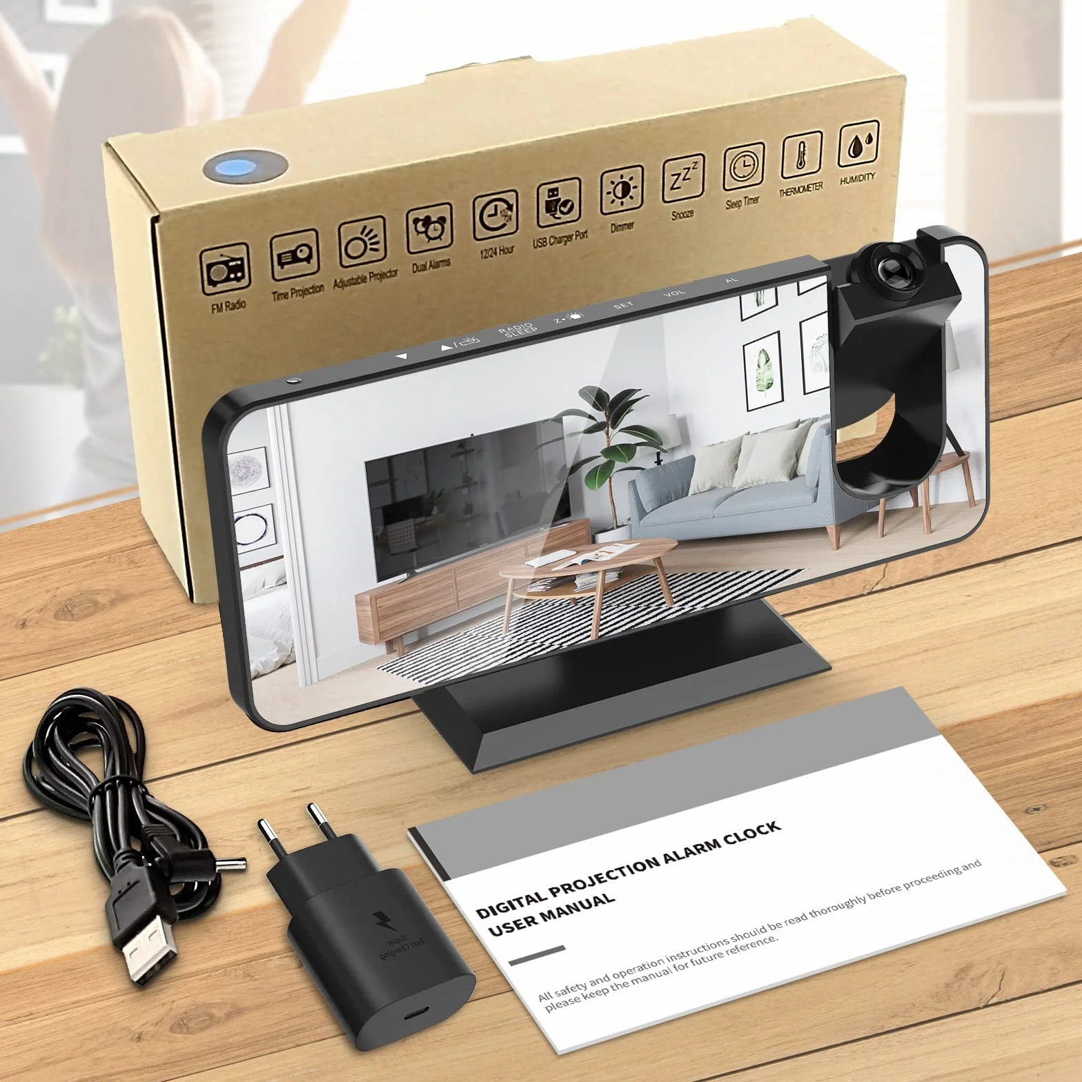 TAKRINK budzik cyfrowy, budzik radiowy z 4 poziomami jasności ekranu, budzik projekcyjny z wyświetlaniem temperatury, z projekcją, podwójny alarm 12/24 h, port USB