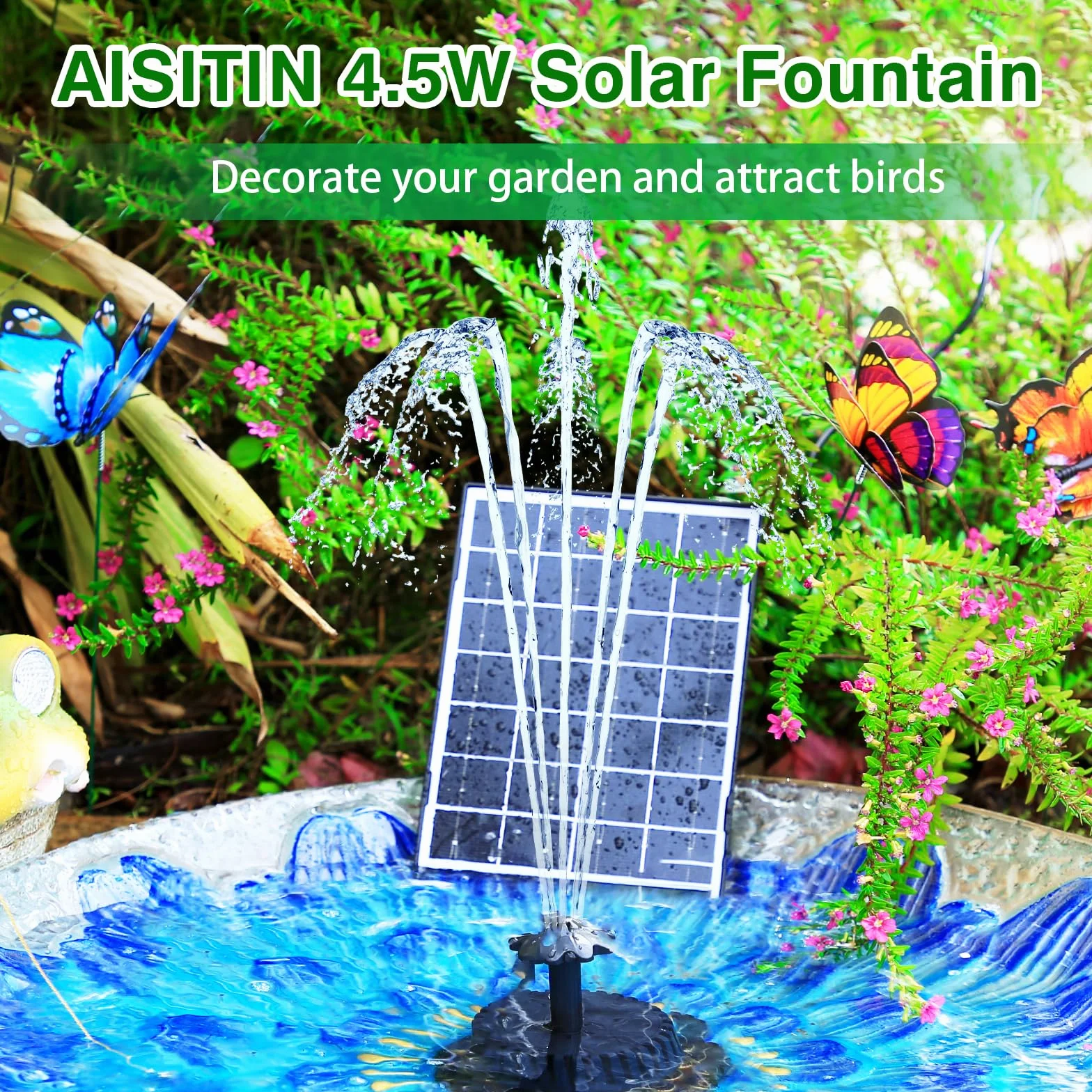 AISITIN Solarna pompa wodna 4,5 W, do samodzielnego wykonania, szklany panel, fontanny zasilane energią słoneczną, pompa wodna z 4 dyszami, fontanna solarna do kąpieli dla ptaków, ogrodu, akwarium