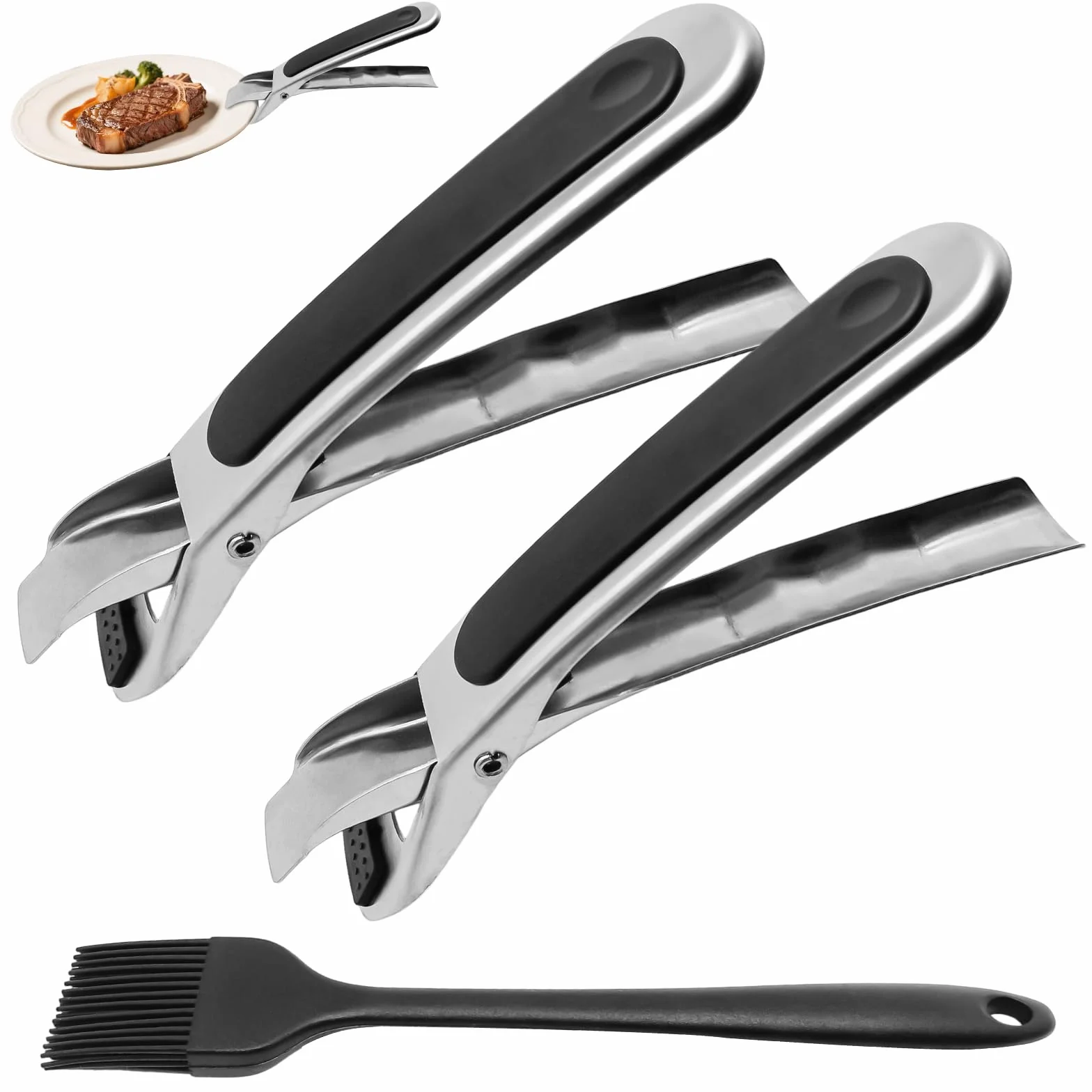 2 szczypce do frytkownicy na gorące powietrze, szczypce do Airfryer, ze szczotką silikonową, stal nierdzewna, antypoślizgowe, odporne na wysokie temperatury, czarne