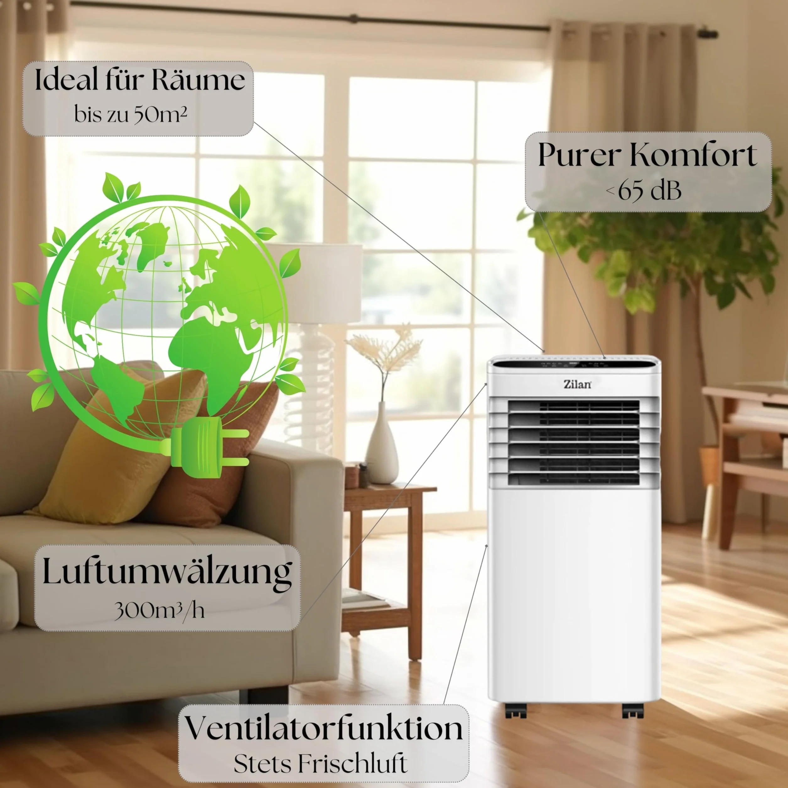 Mobilny klimatyzator 9000 BTU z wężem powietrza wylotowego i uszczelką okienną, mobilny klimatyzator 24 h, timer – wentylator chłodzący, 300 m³/h, osuszacz powietrza 1,2 l/h, cichy klimatyzator z