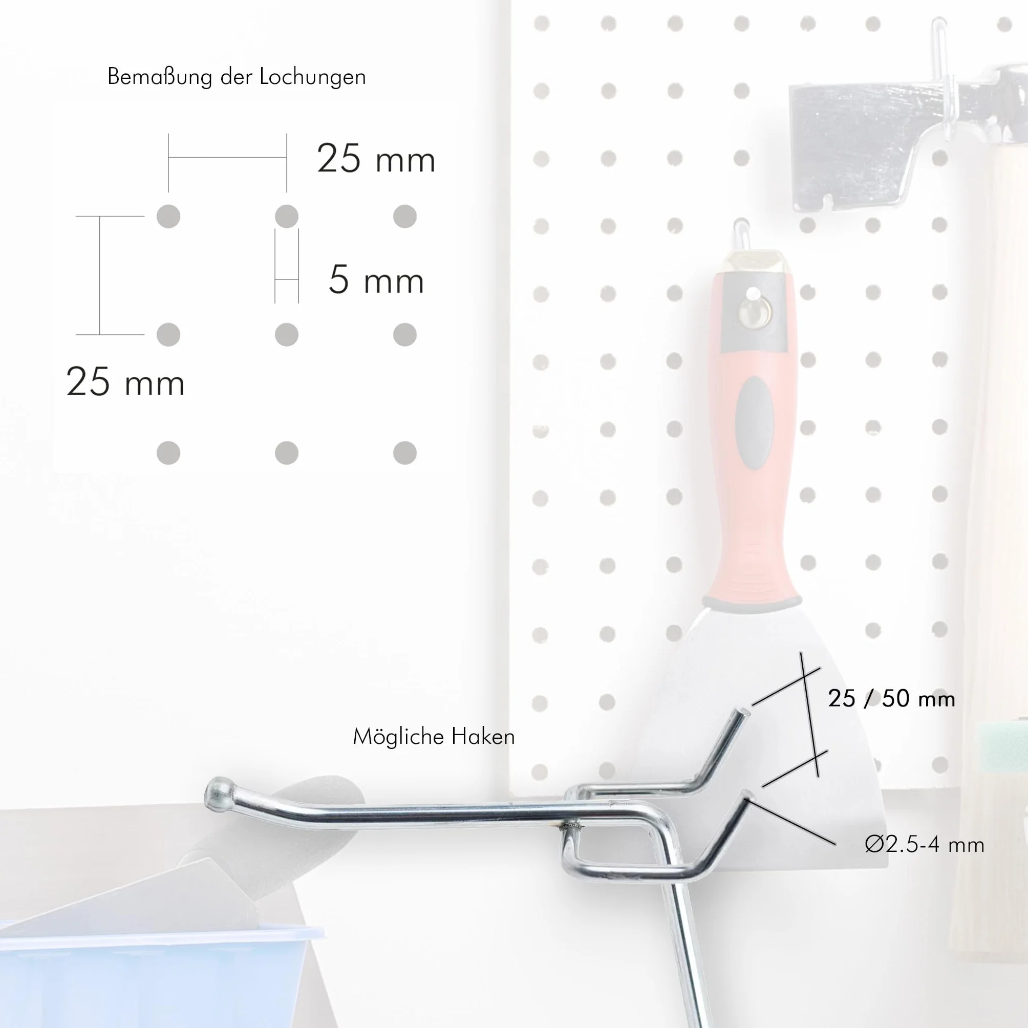 Peggy´s PEGBOARD mini ściana z otworami z drewna (MDF) 50 x 40 x 0,3 cm – otwory Ø 5 mm odstęp 25 mm – lakierowana na biało – Made in Germany