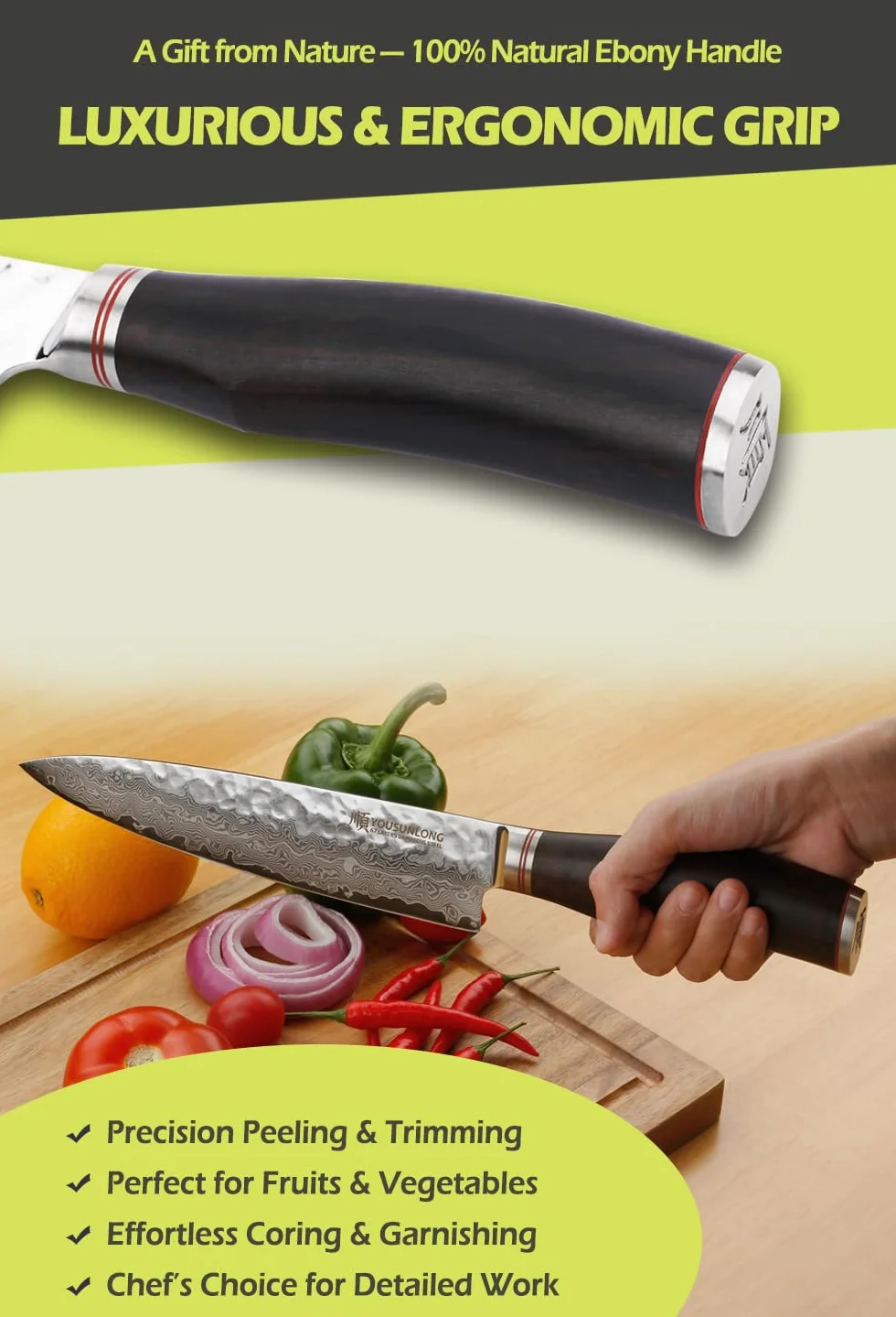 YOUSUNLONG Nóż szefa kuchni 20 cm Gyuto japoński VG10 młotkowany uchwyt z naturalnego drewna hebanowego ze skórzaną pochwą