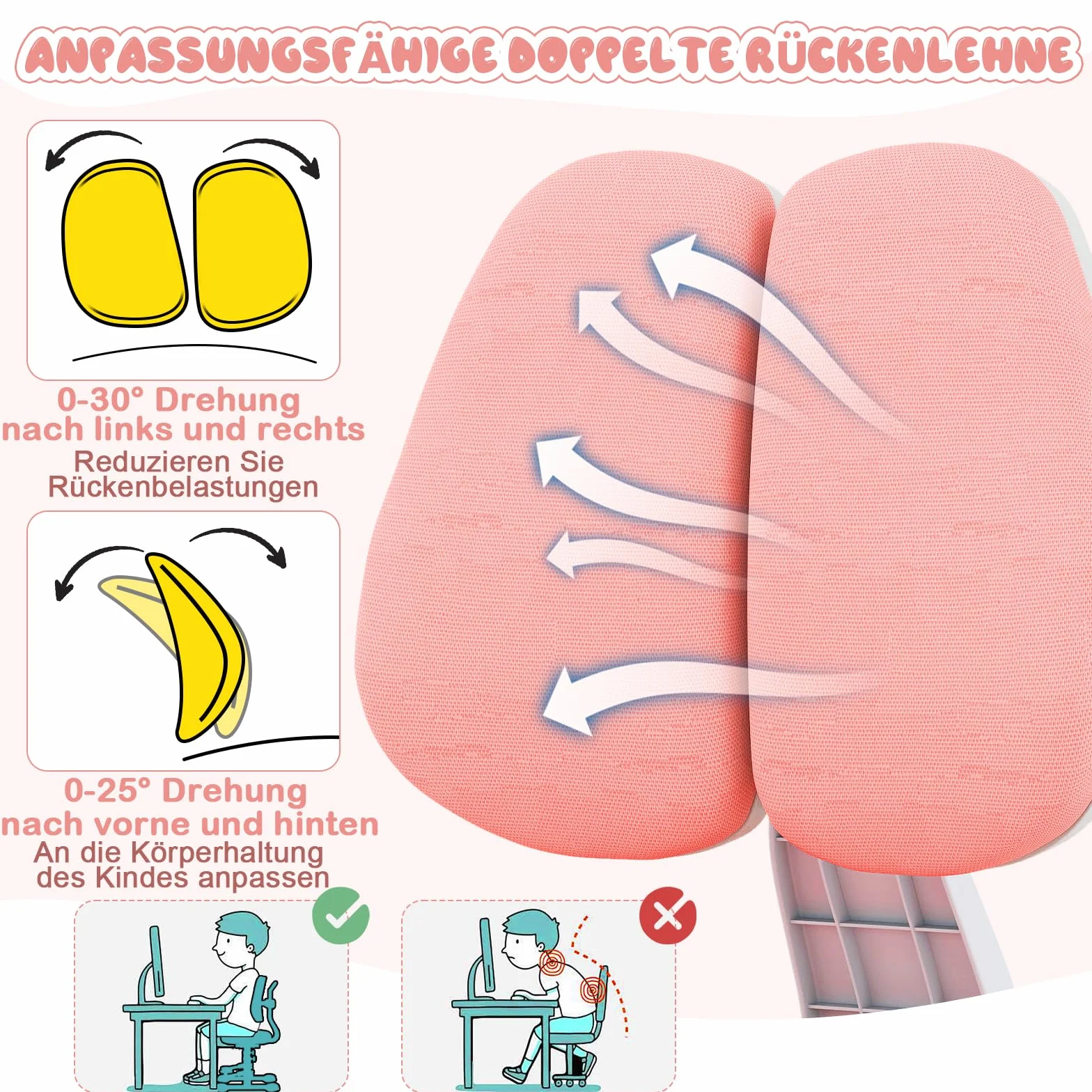 COSTWAY Krzesło biurowe dla dzieci, 43-55 cm, z regulacją wysokości, krzesło biurowe dla dzieci od 3 lat z regulowanym podwójnym oparciem, podnóżkiem i głębokością siedziska, krzesło biurowe bez