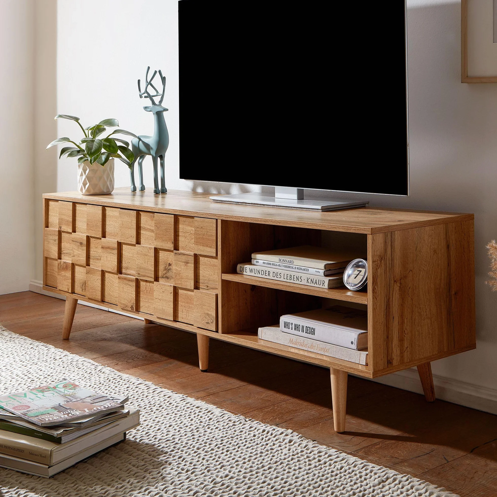 FineBuy drewno dębowe z niskim blatem dekor 160x51x40 cm Komoda RTV z dwojgiem drzwi | Zaprojektuj szafkę RTV wysoka | Szafka RTV Szafka RTV nowoczesna | Komoda TV salon