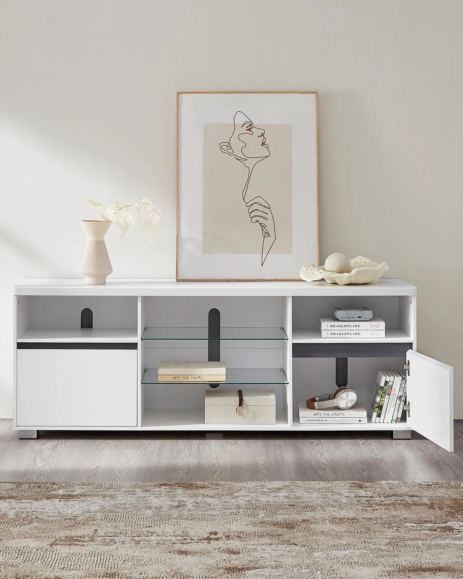 Kolekcja VASAGLE KAILYN - szafka pod telewizor z oświetleniem LED, stół pod TV, stojak na telewizor do 70 cali, z otwartymi półkami, 2 szafki z drzwiami, 160 cm, do salonu, biały LTV331T10