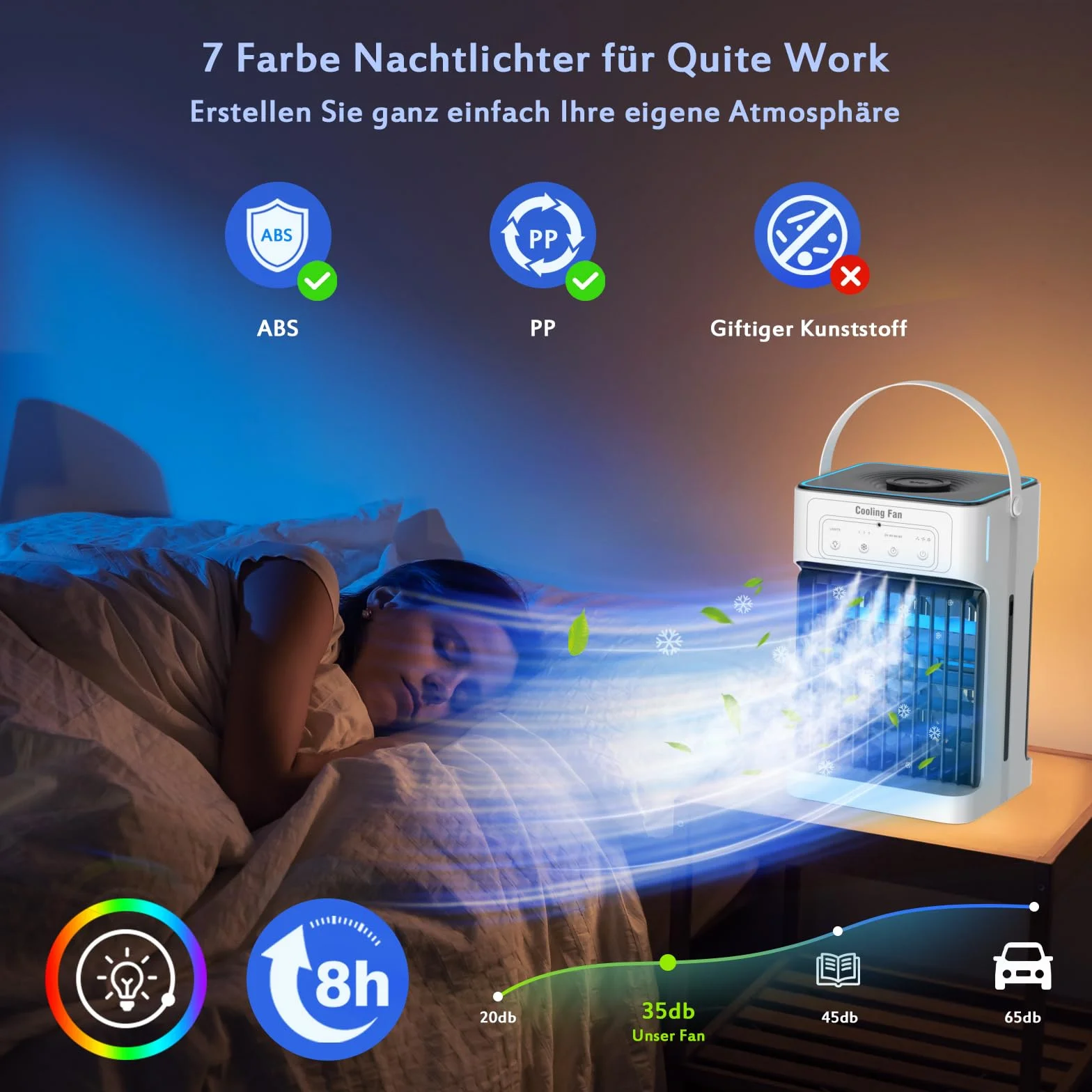 Przenośna klimatyzacja 1100 ml, 3 prędkości, 7 LED, 10W, chłodnica powietrza do sypialni