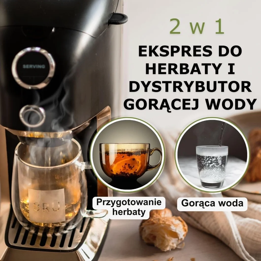 BRU Automat do herbaty sypkiej, ziół i torebek, herbata z dozownikiem gorącej wody i ekspresem, filtr wodny po naciśnięciu przycisku