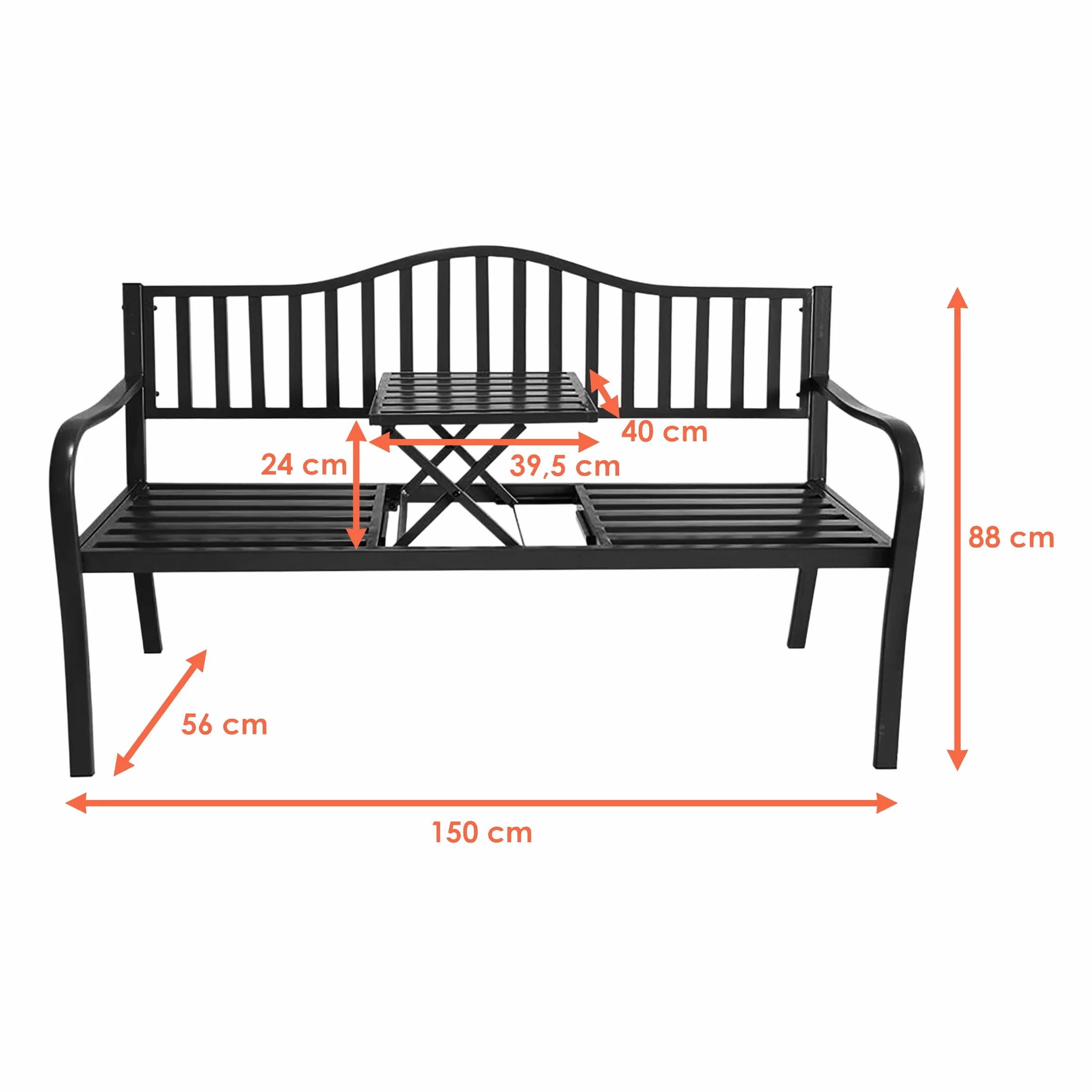 Metalowa ławka ogrodowa ze zintegrowanym stołem – 150 x 56 cm – ławka do siedzenia 2 w 1 lakierowana proszkowo na czarno – ławka parkowa ze składanym stolikiem, półka do ogrodu, na balkon, taras