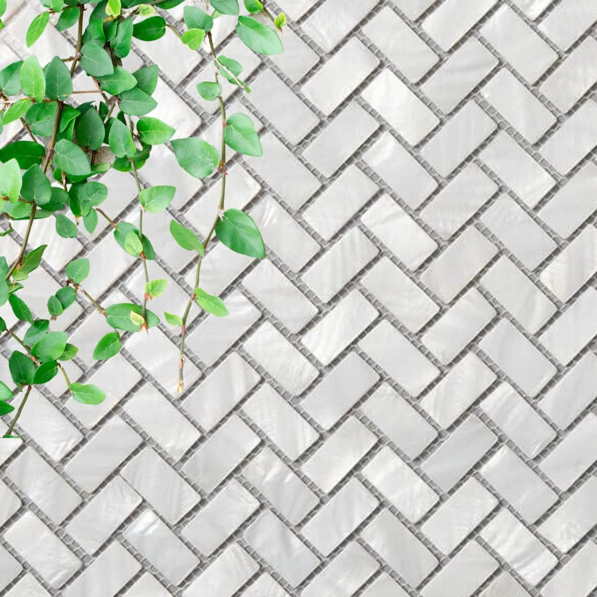 Oryginalna mozaika z masy perłowej z muszli ostrygi w jodełkę do kuchni, ścian łazienkowych, spa, basenów od Vogue Tile by Vogue Tile
