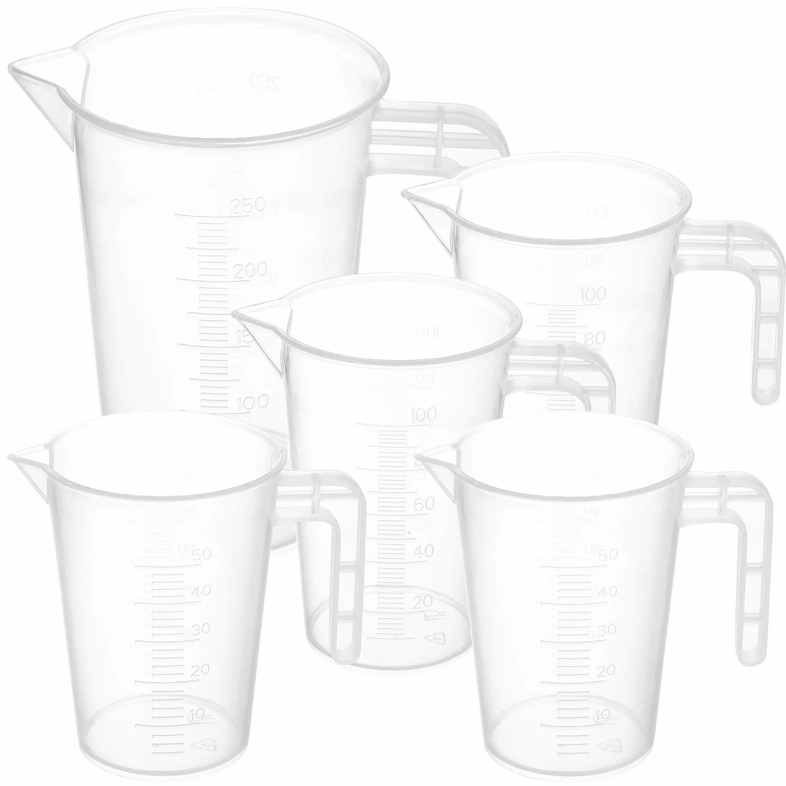 Zestaw 5 Miarek, 50ml 100ml 250ml Kubki Miarowe, Precyzyjne Plastikowe Miarki z Podziałką i Uchwytem, Pojemniki Miarowe do Laboratorium Kuchni Pieczenia Gotowania Prania Detergentu