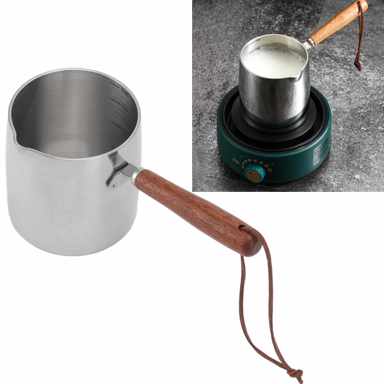Mini Podgrzewacz do Masła ze Stali Nierdzewnej 450ML - Mała Patelnia do Sosu z Drewnianą Rączką