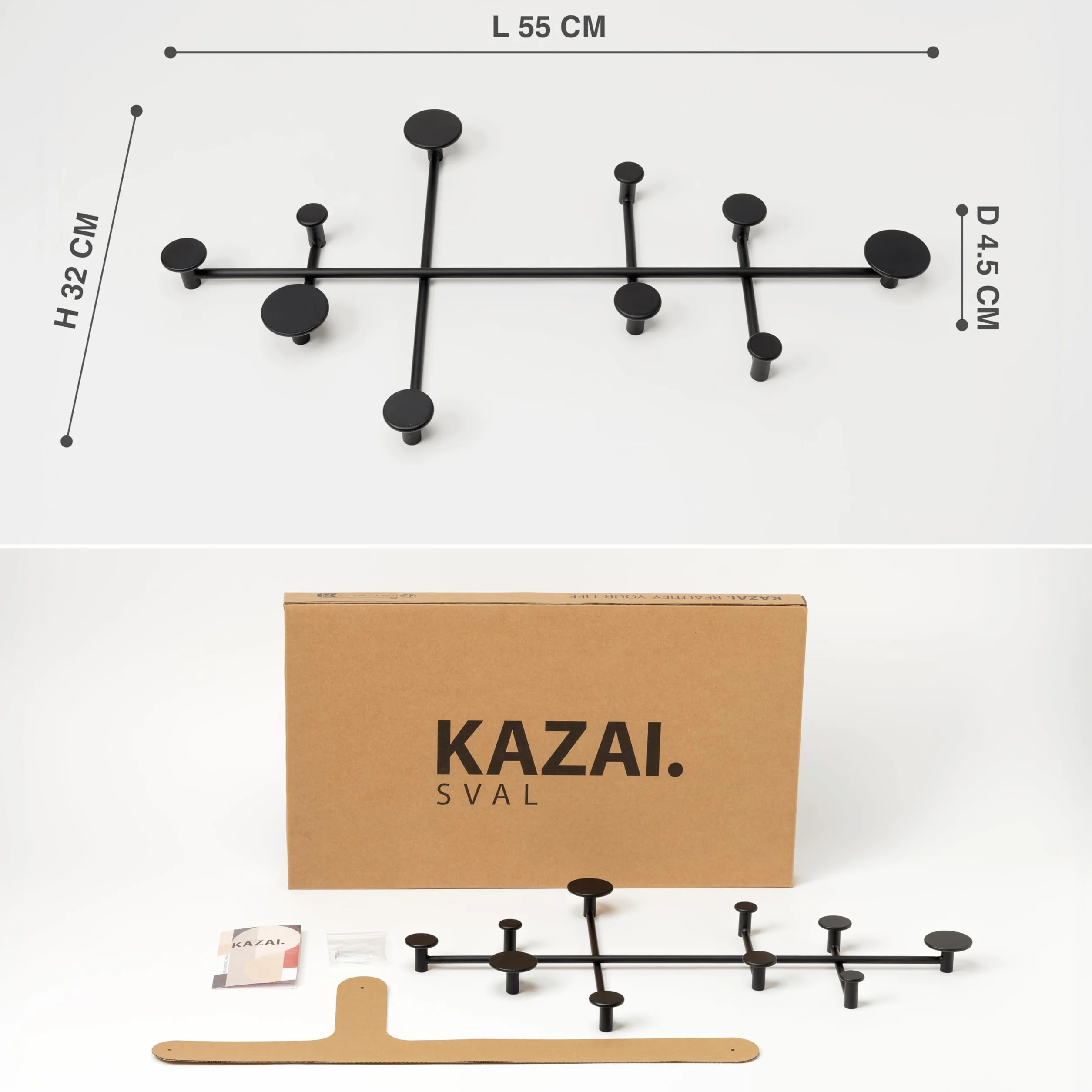 KAZAI. 'Sval' Ścienna Garderoba | Minimalistyczny Wieszak na Płaszcze z Berlina | Nowoczesny Metalowy Wieszak na Ścianę/Haczyki | Czarny