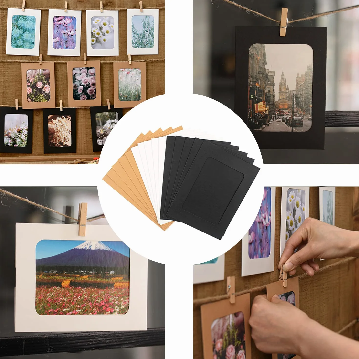 Brązowe papierowe ramki na zdjęcia, 40 sztuk, z papieru typu kraftowego, 11,5 x 15,5 cm, do zawieszenia obrazów, pocztówek z 40 drewnianymi klamerkami i 4 linkami konopnymi, 3 kolory