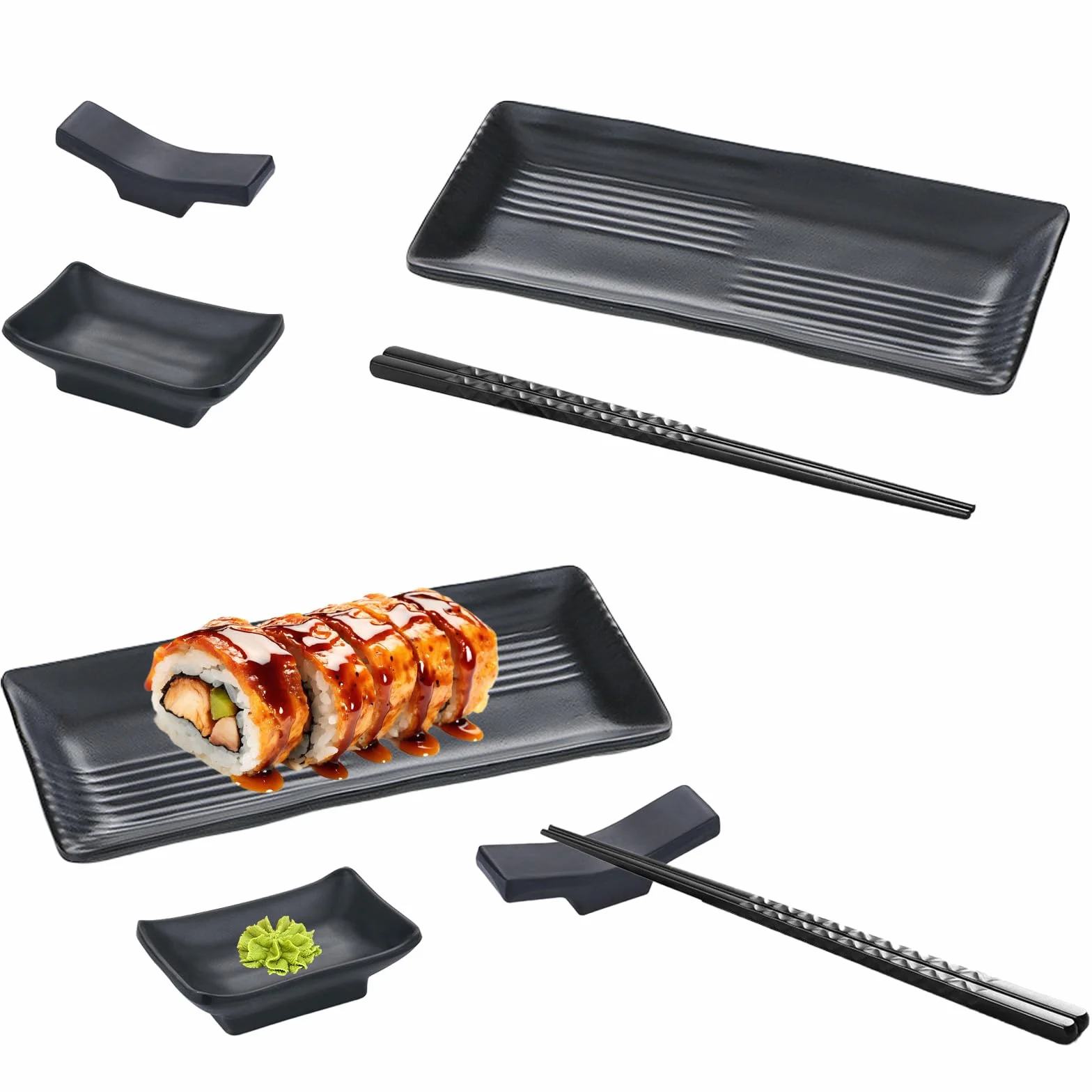 Japonki zestaw naczyń do sushi, serwis do serwowania sushi z melaminy z 2 parami pałeczek, 2 podstawkami na pałeczki, 2 talerzami, 2 miseczkami do dipowania, zestaw do serwowania sushi dla 2 osób do