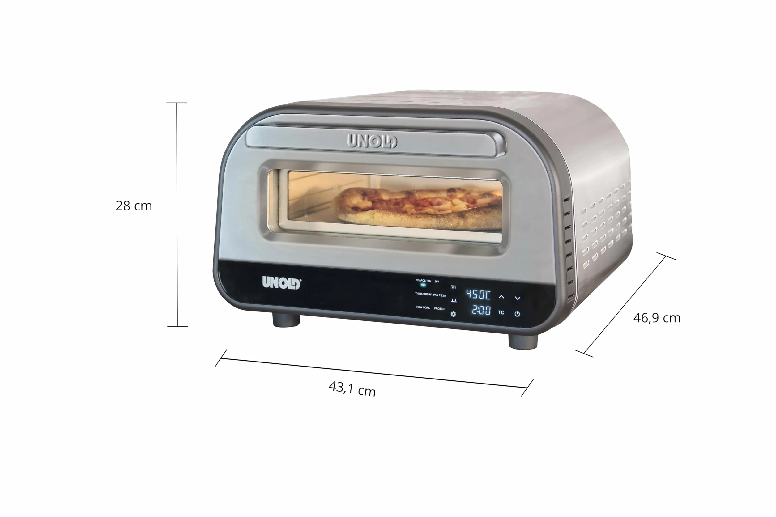 Unold Piec do pizzy LUIGI 68816 | Elektryczny piec do pizzy ze stali nierdzewnej o temperaturze do 400°C, czas pieczenia tylko ok. 2 minut, łącznie z kamieniem do pizzy z kordierytu, energooszczędny,